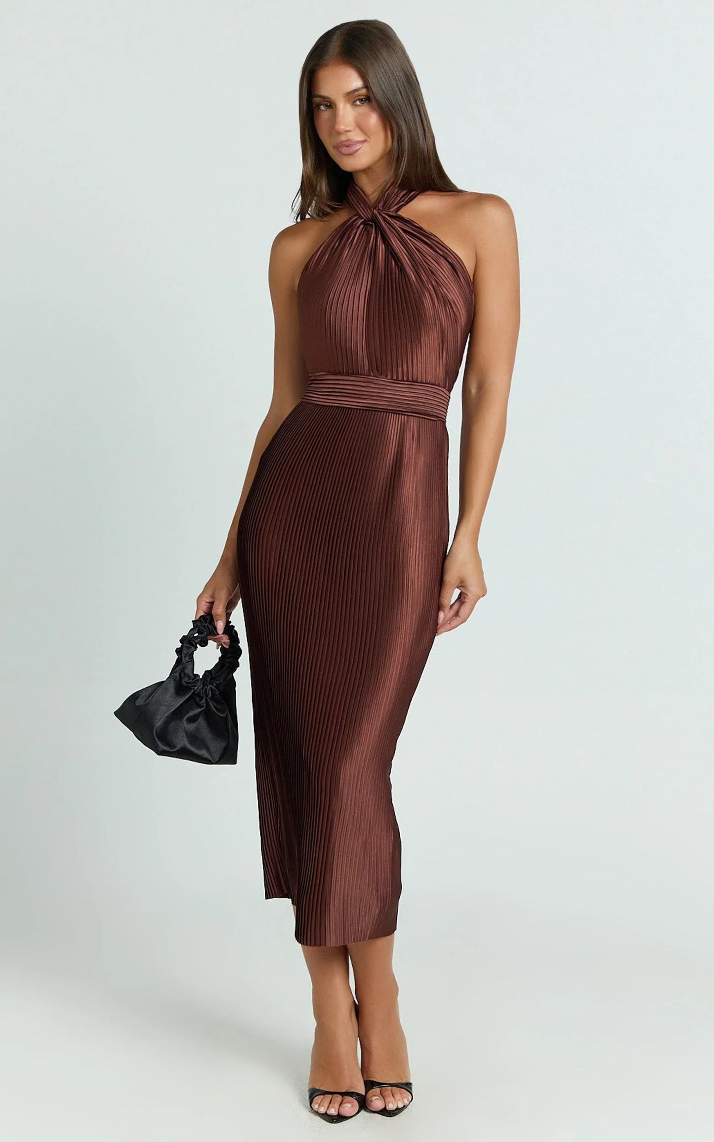 Marlette Midi Dress - Pleated Open Back Halter Dress in Chocolate