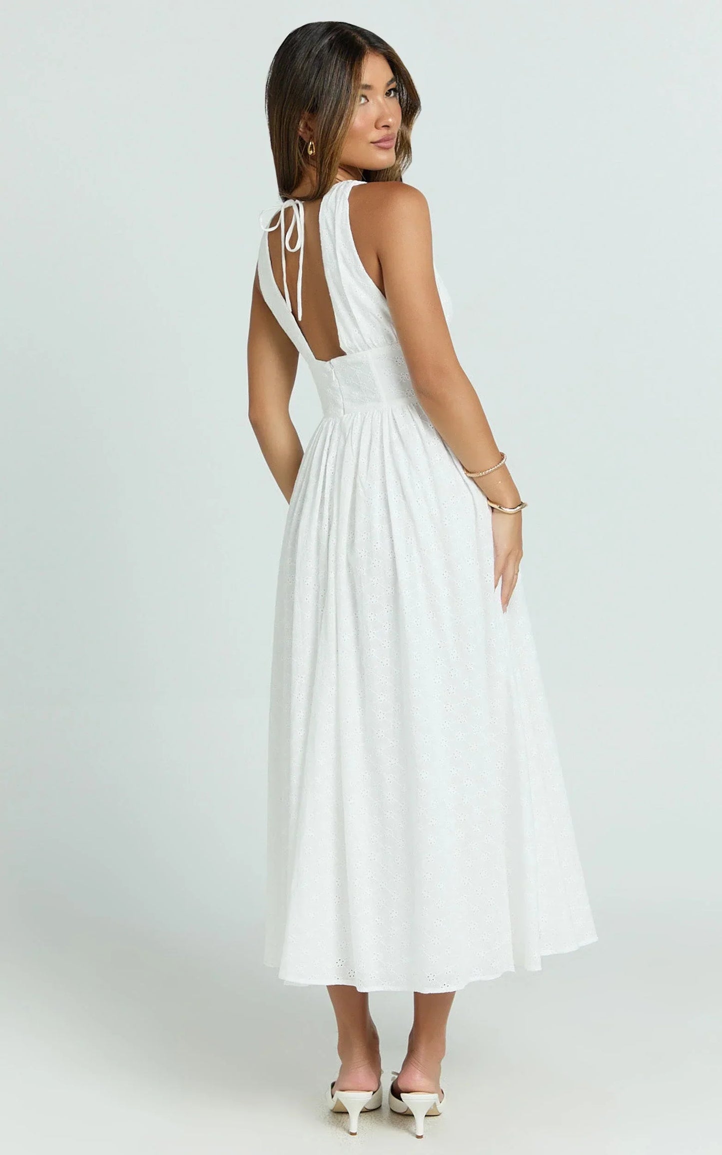 Lainey Midi Dress - Embroidered V Neck Corset Drop Waist Fit And Flare Dress in White