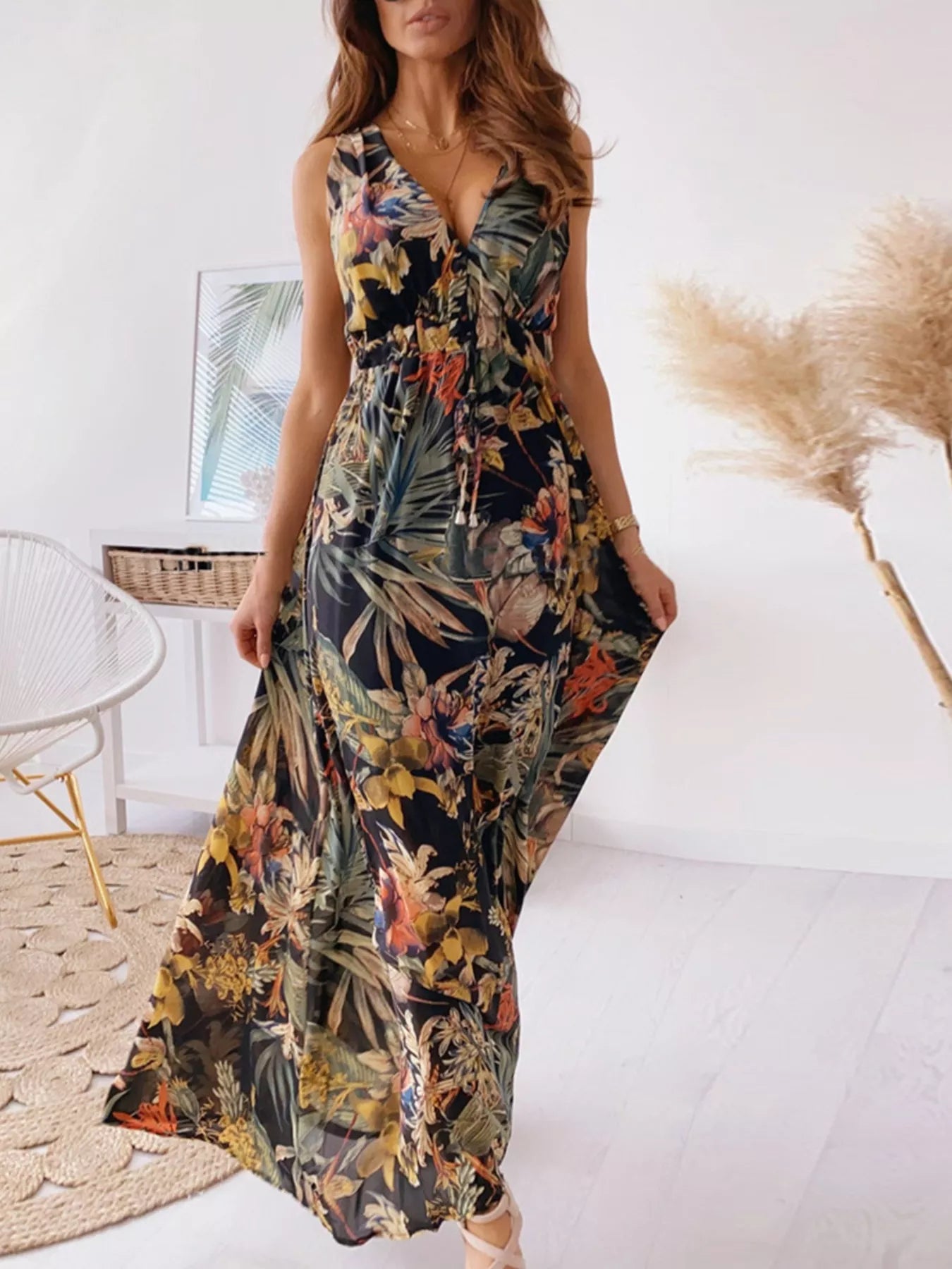 Leaf Print Sleeveless Maxi Dress