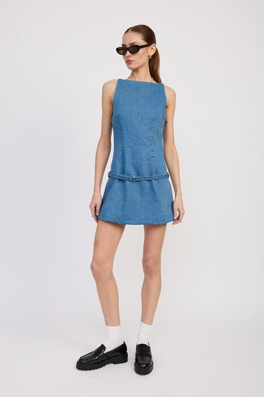 DENIM MINI DRESS WITH LOW WAIST BELT