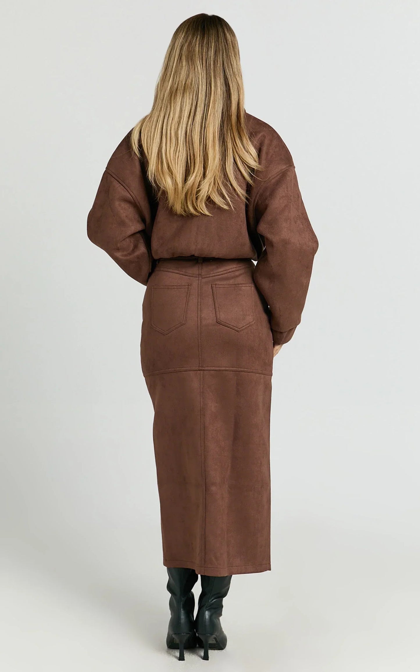 Nessa Midi Skirt - High Waisted Fitted Suede Skirt in Dark Chestnut