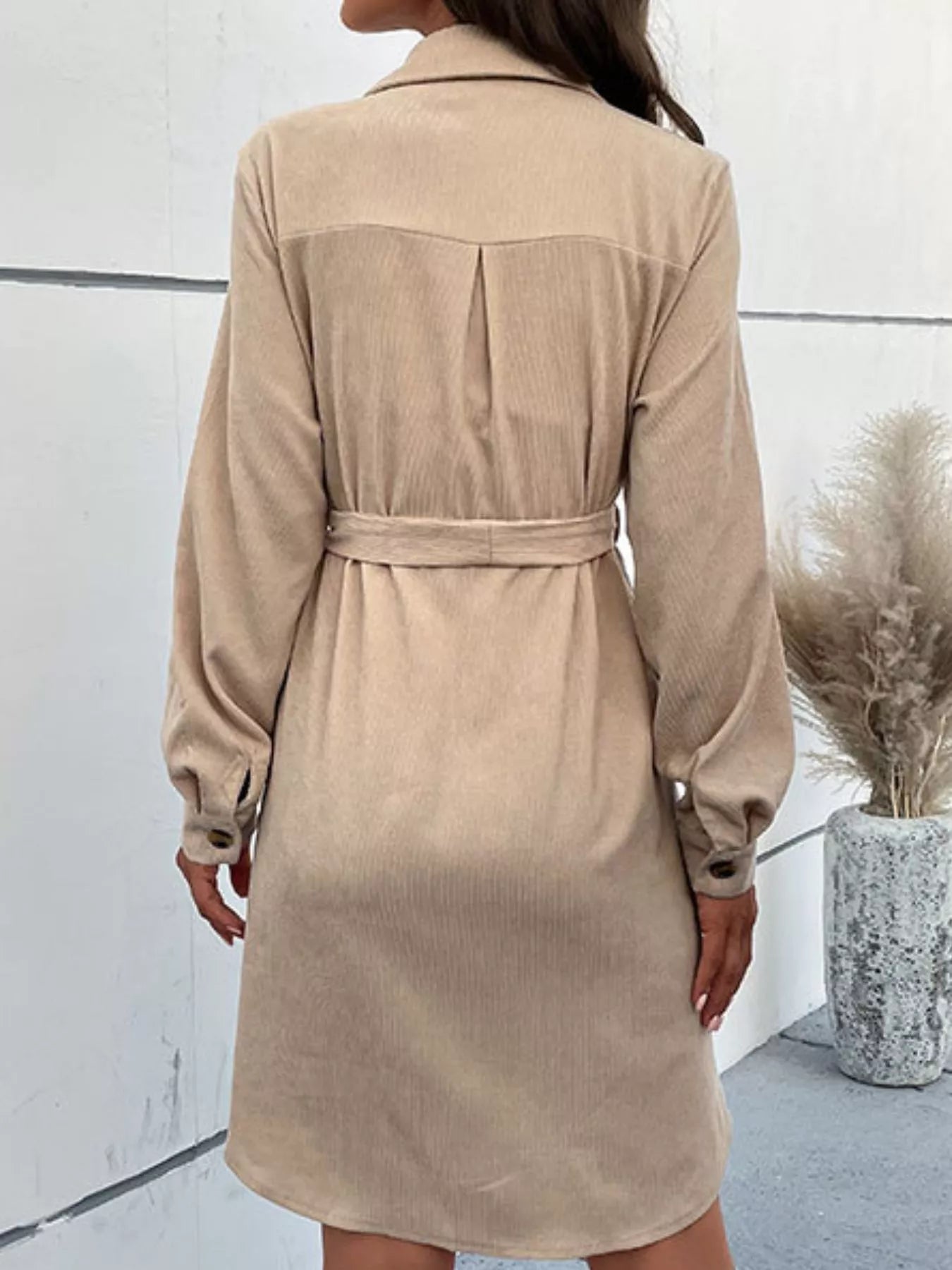 Button-Front Tie Waist Shirt Dress