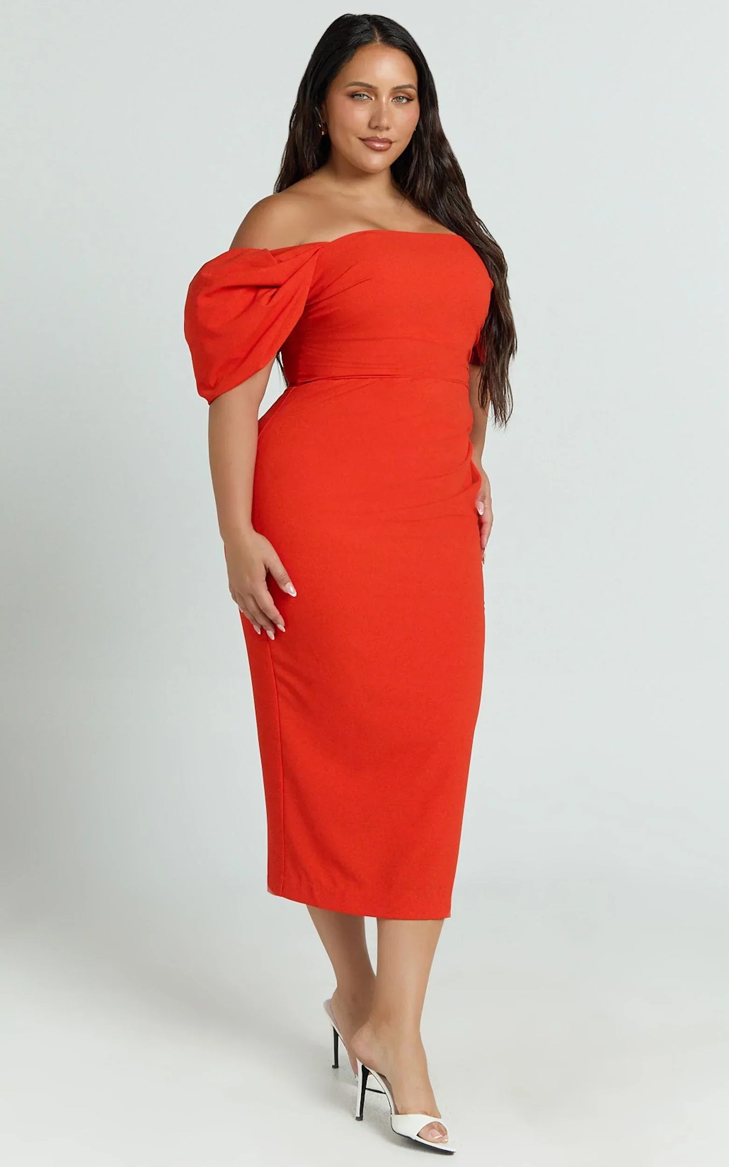 Lohan Midi Dress - Off Shoulder Puff Sleeve in Orange
