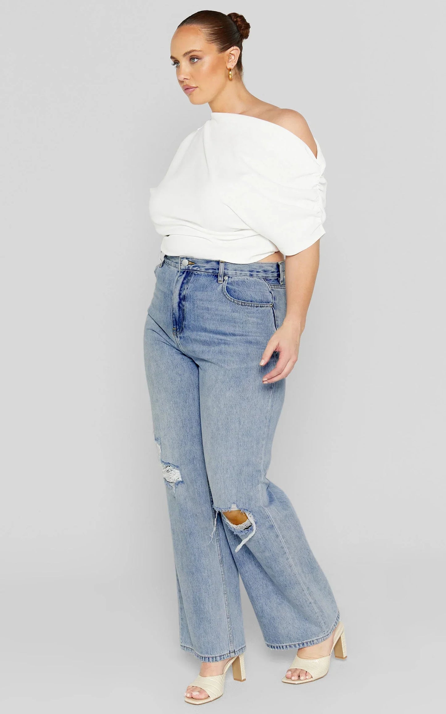 Miho Jeans - High Waisted Recycled Cotton Distressed Straight Leg Denim Jeans in Mid Blue Wash