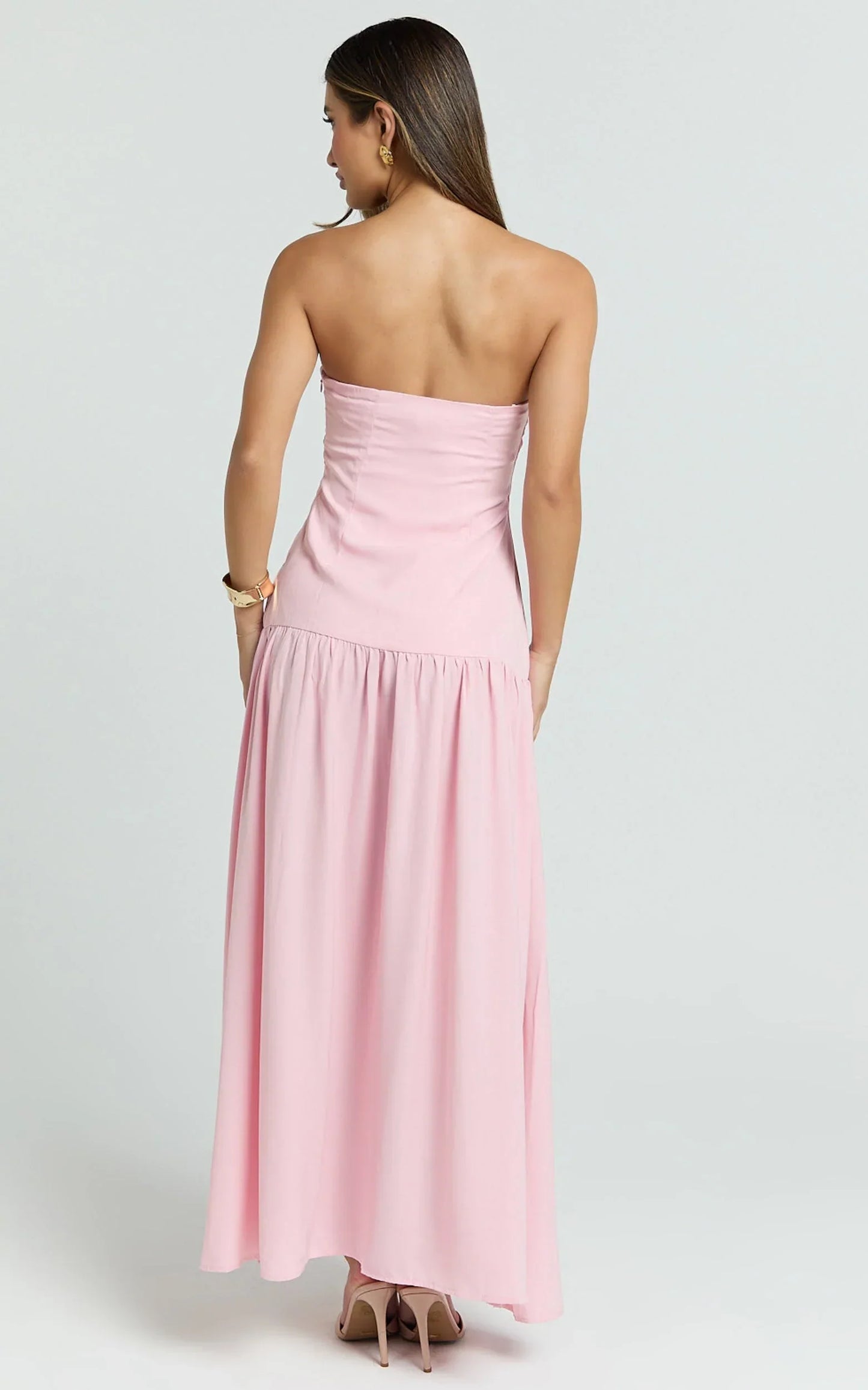 Nadiane Maxi Dress - Strapless Asymmetric Drop Waist Dress in Pink