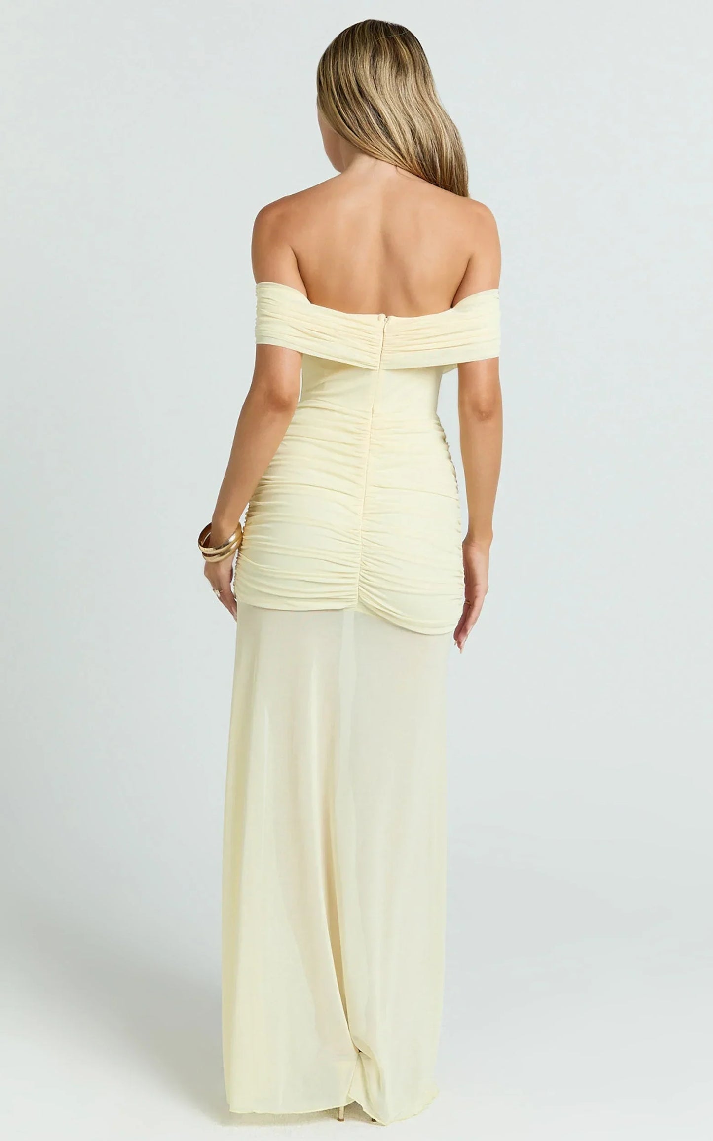 Leticia Maxi Dress - Mesh Off Shoulder Ruched High Split Dress in Lemon