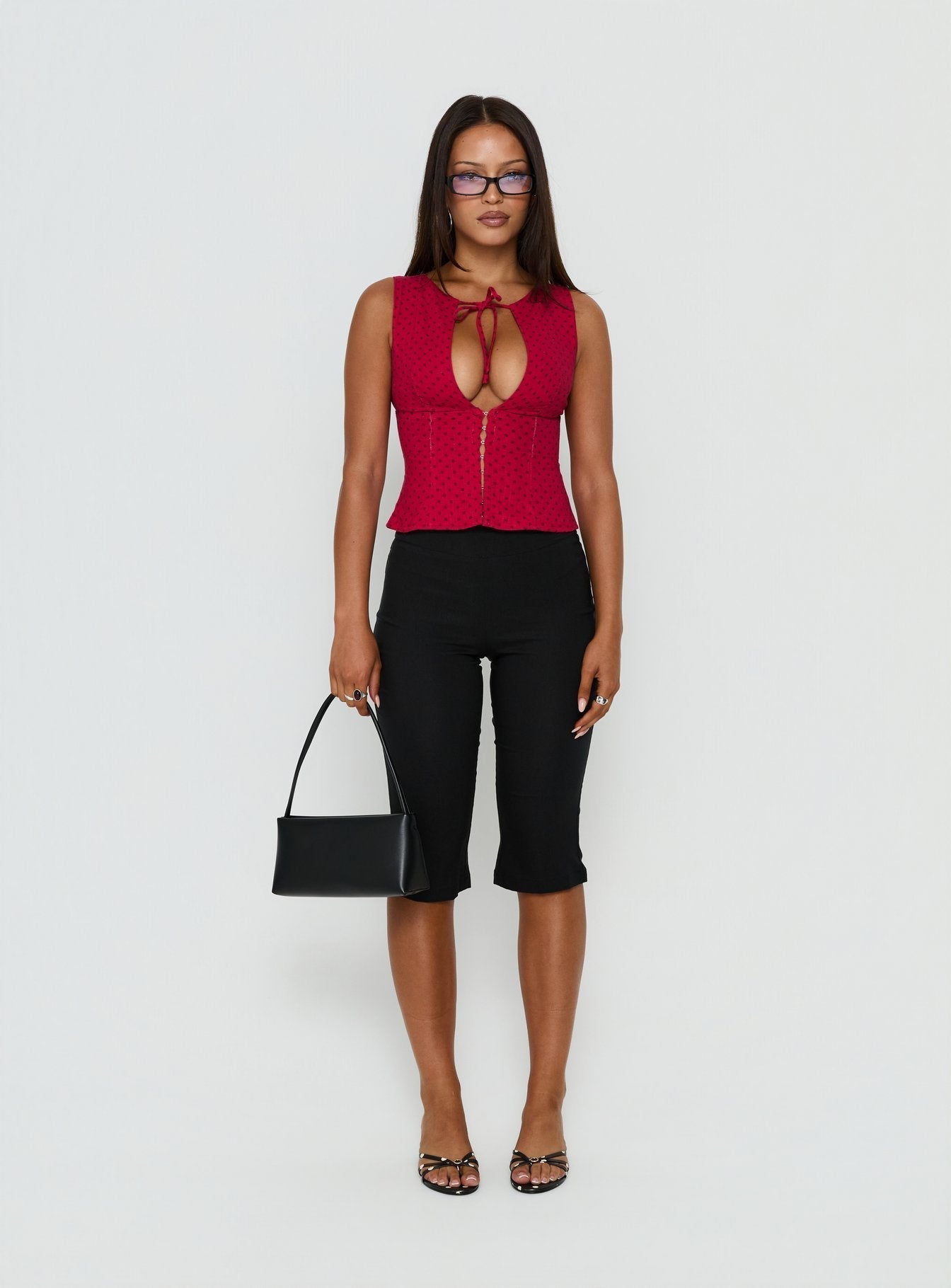 Alissea Keyhole Linen Blend Top Red Polka