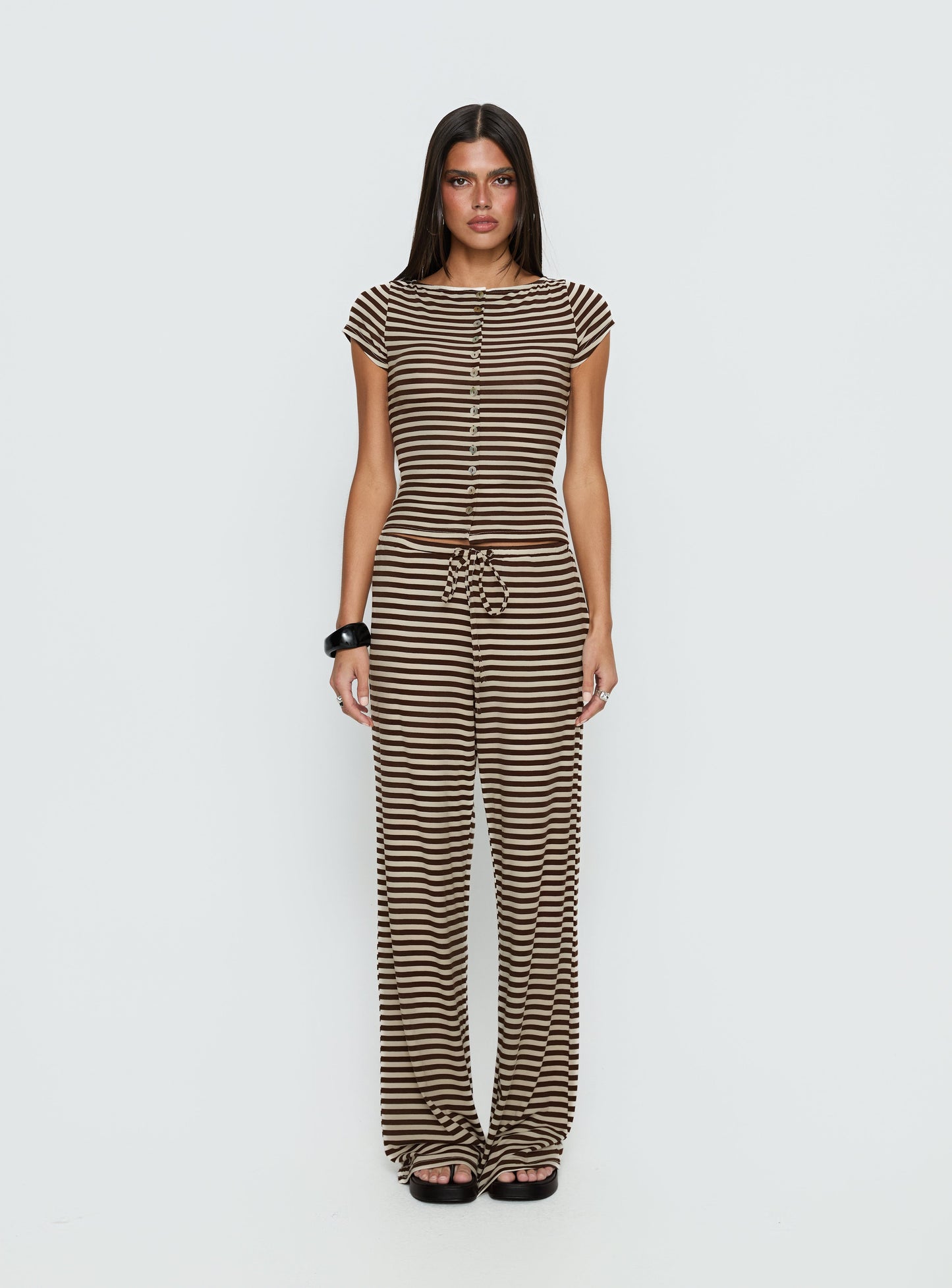 Angellina Jersey Button Down Top Chocolate / Cream Stripe
