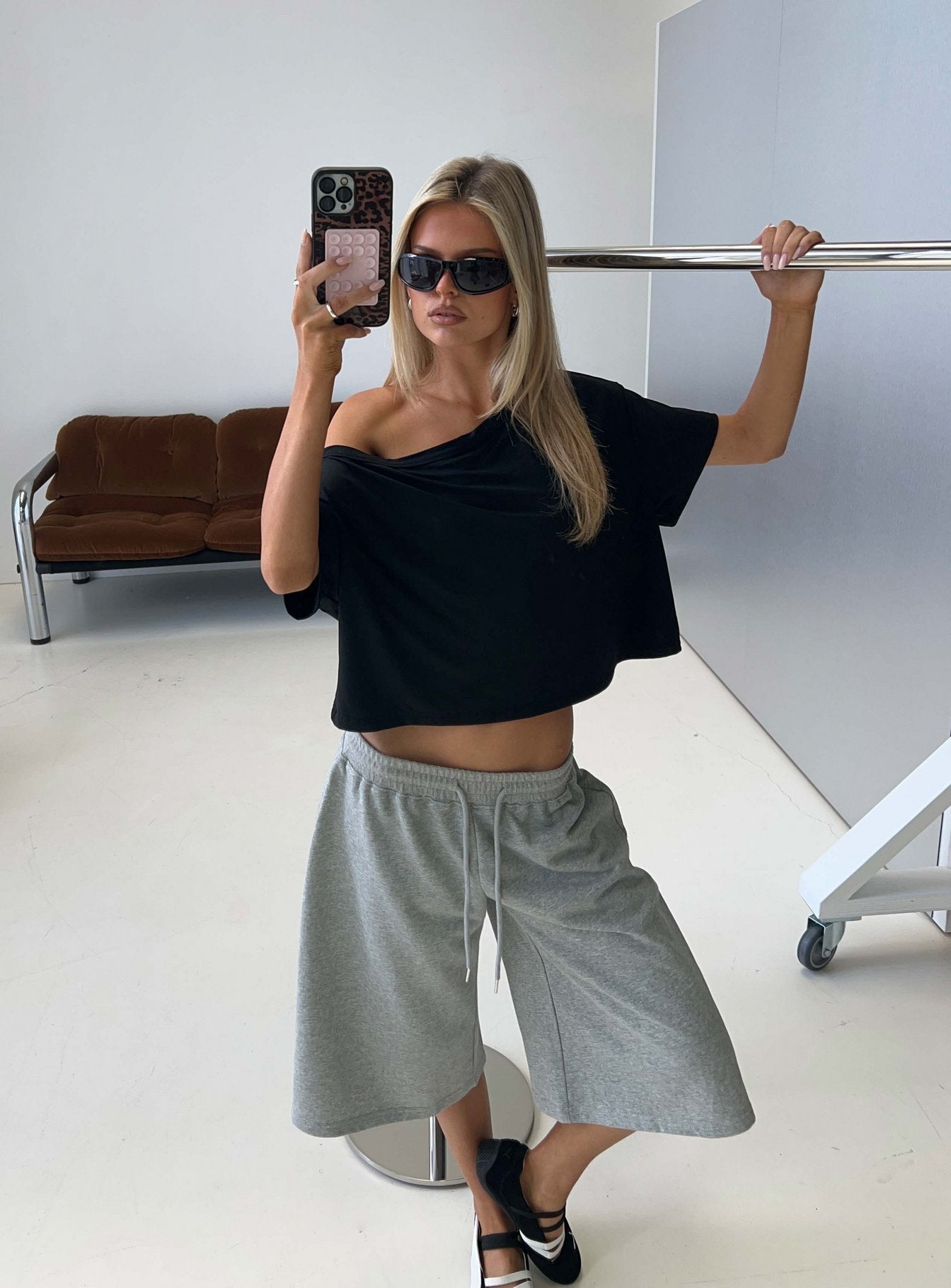 Bailea Off Shoulder Cropped Tee Black