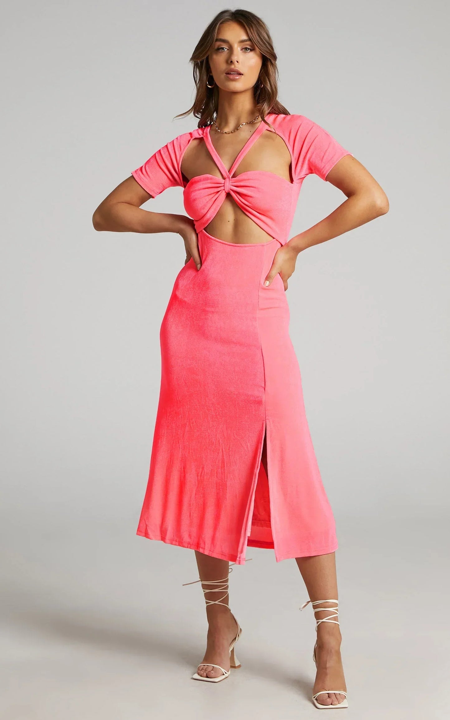 Lyanna Midi Dress - Cut Out Dress in Neon Pink