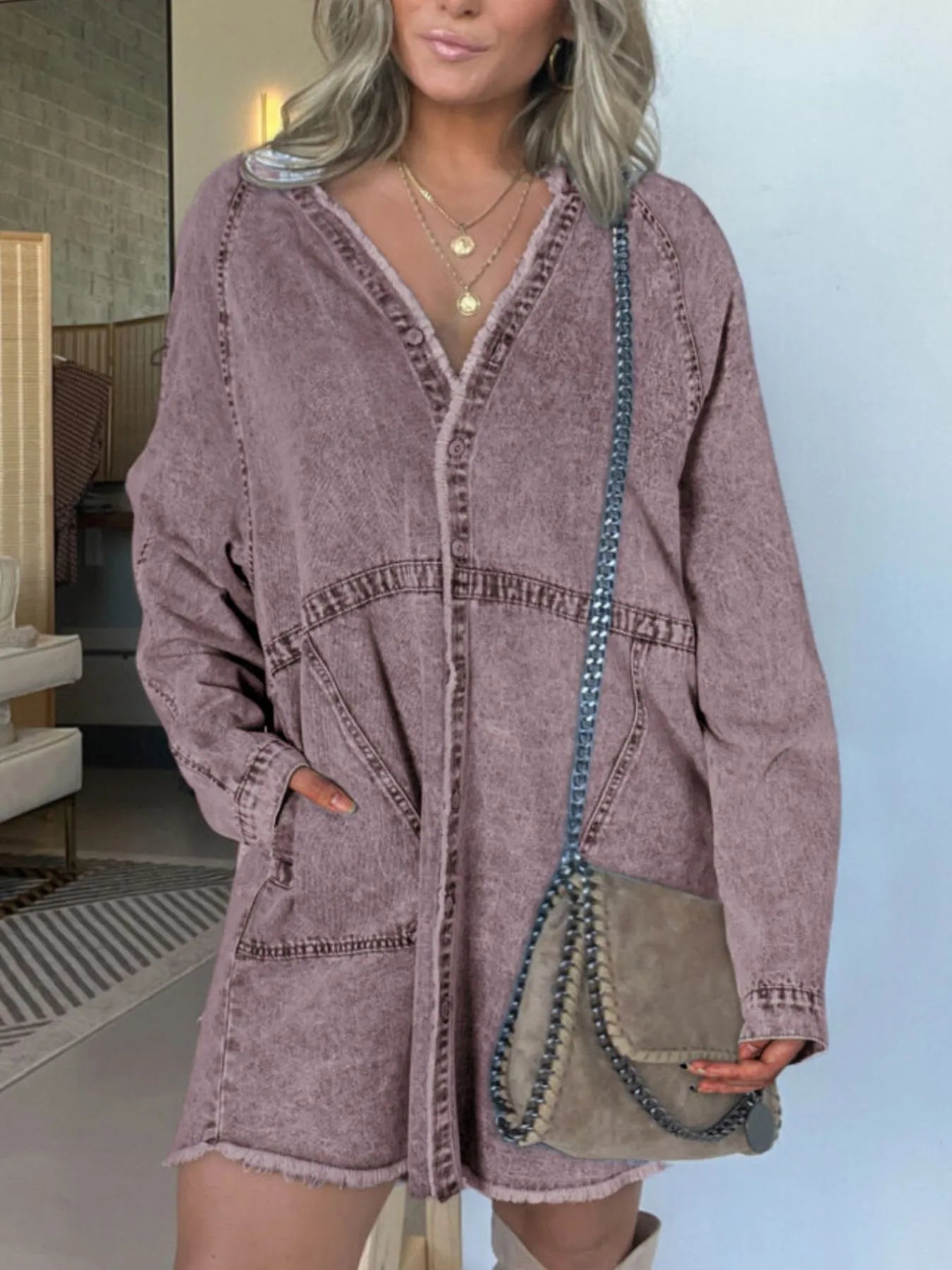 Full Size Button-Front Long Sleeve Denim Shirt Dress Plus Size