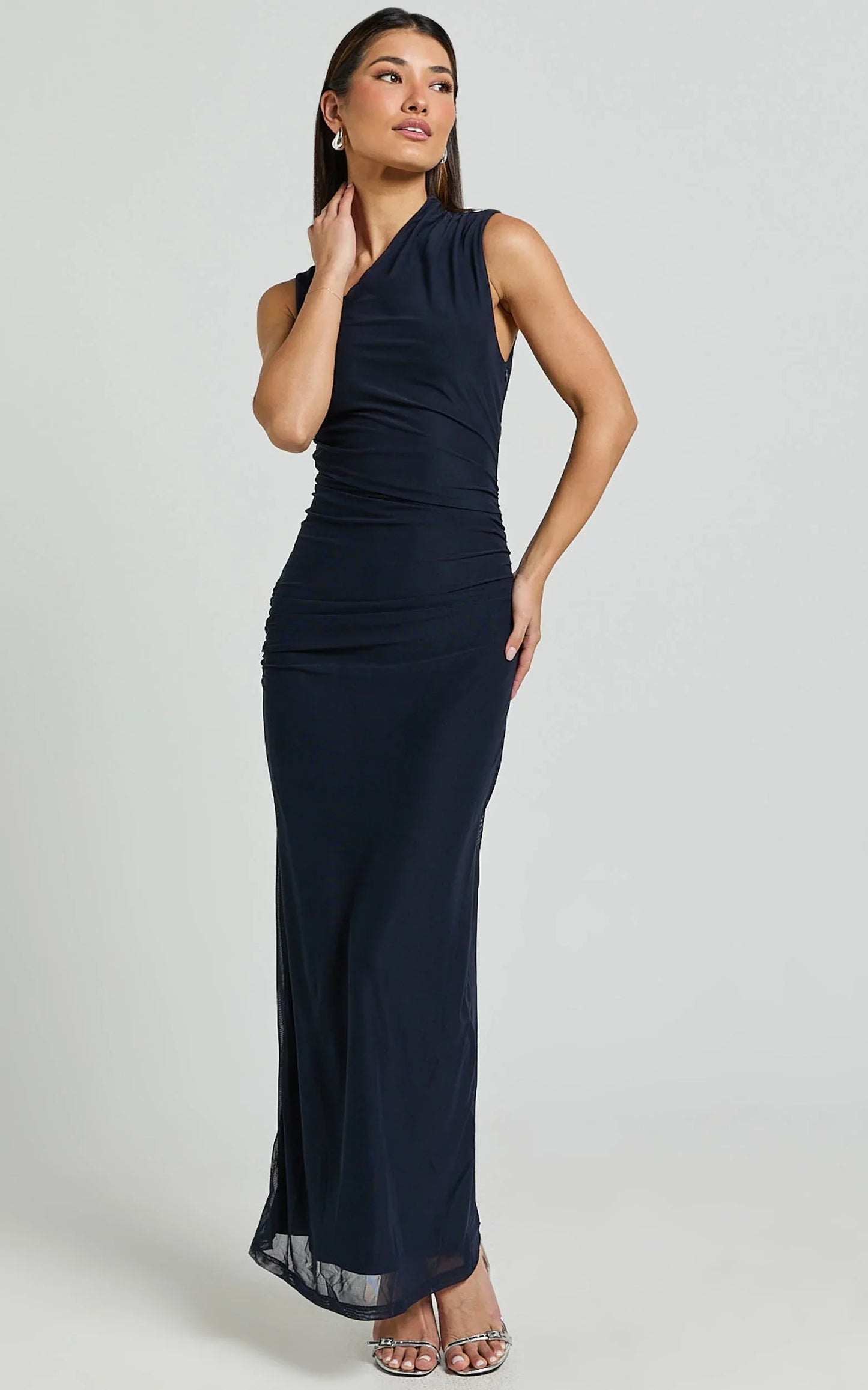 Lara Midi Dress - Asymmetrical Ruched Mesh Dress in Ink