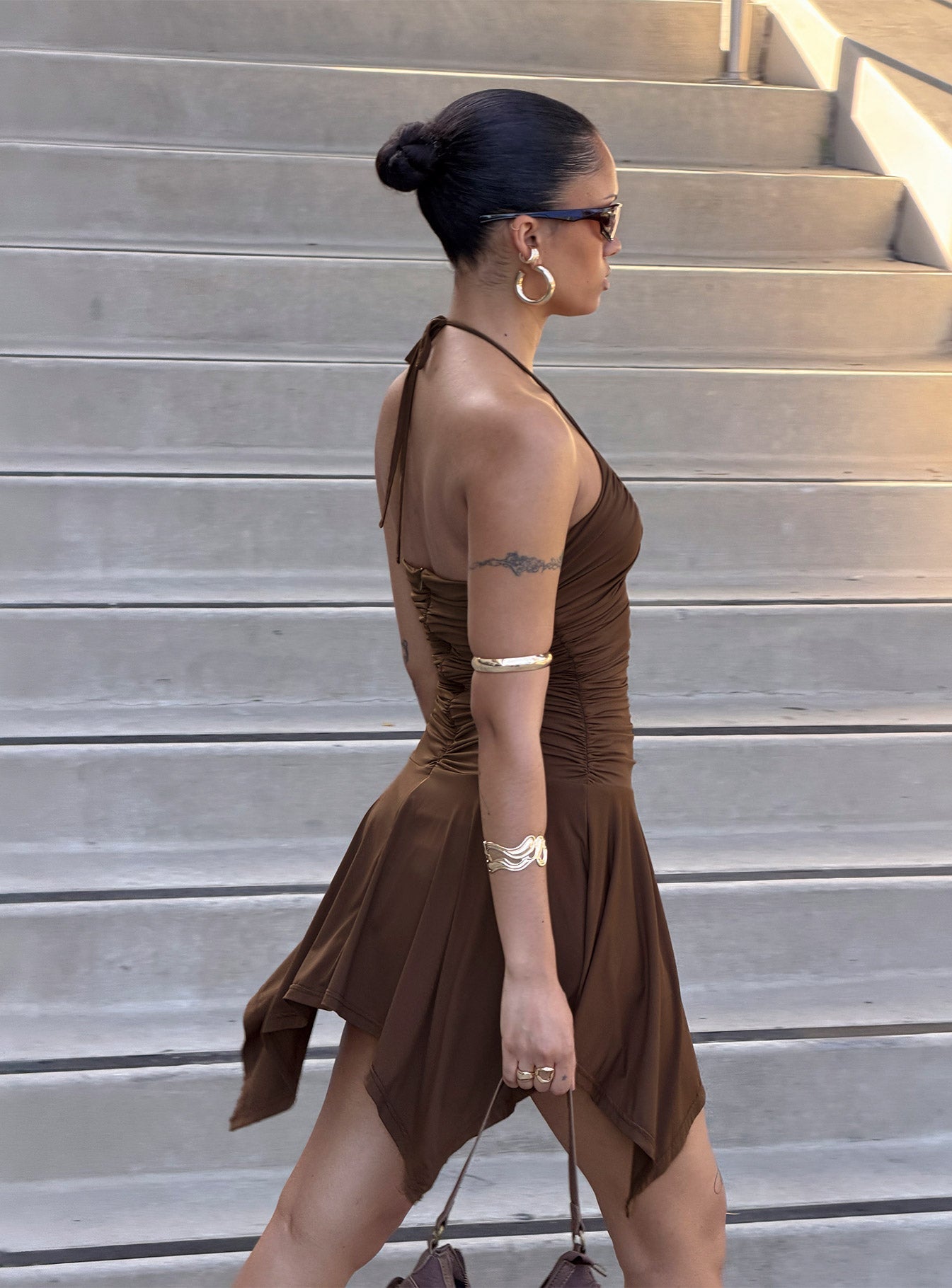 Angiana Halter Asymmetrical Mini Dress Chocolate Brown