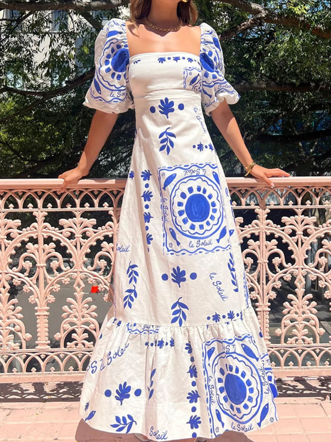 Floral Square Neck Puff Sleeve Maxi Dress with Ruffle Hem