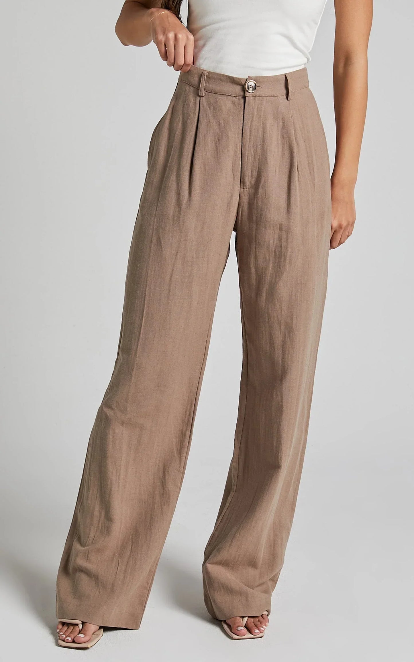 Larissa Trousers - Linen Mid Waisted Relaxed Straight Leg Trousers in Mushroom
