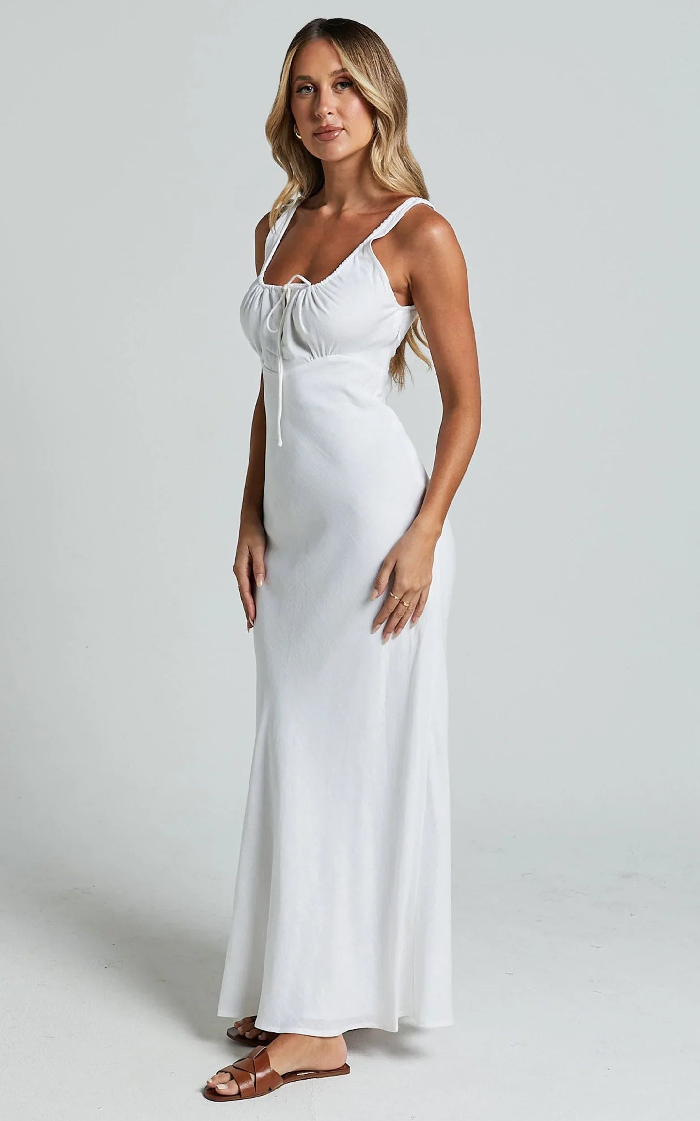 Lucas Midi Dress - Ruched Bust Linen Dress in White