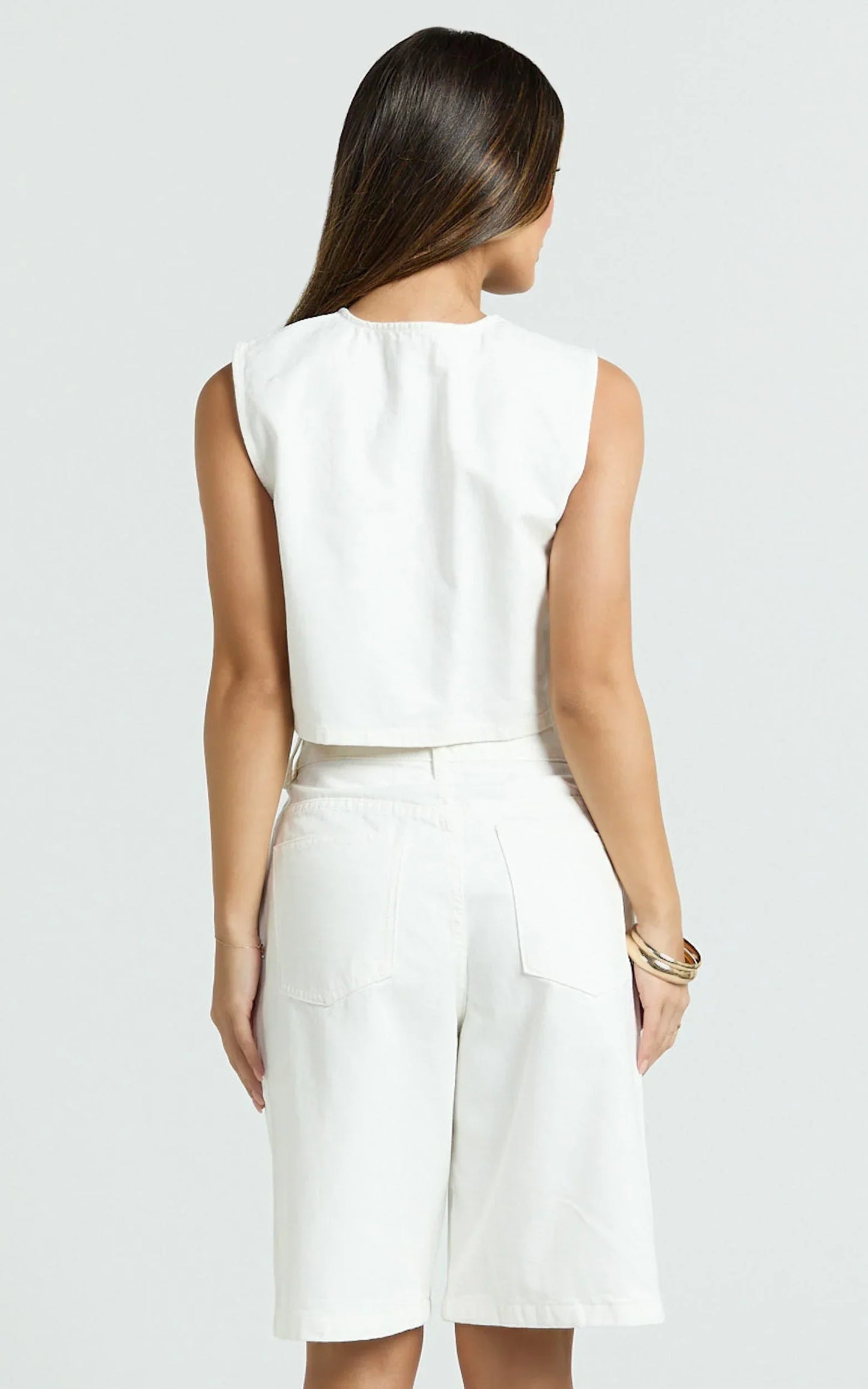 Nathan Top - Button Down Denim Shell Top in White