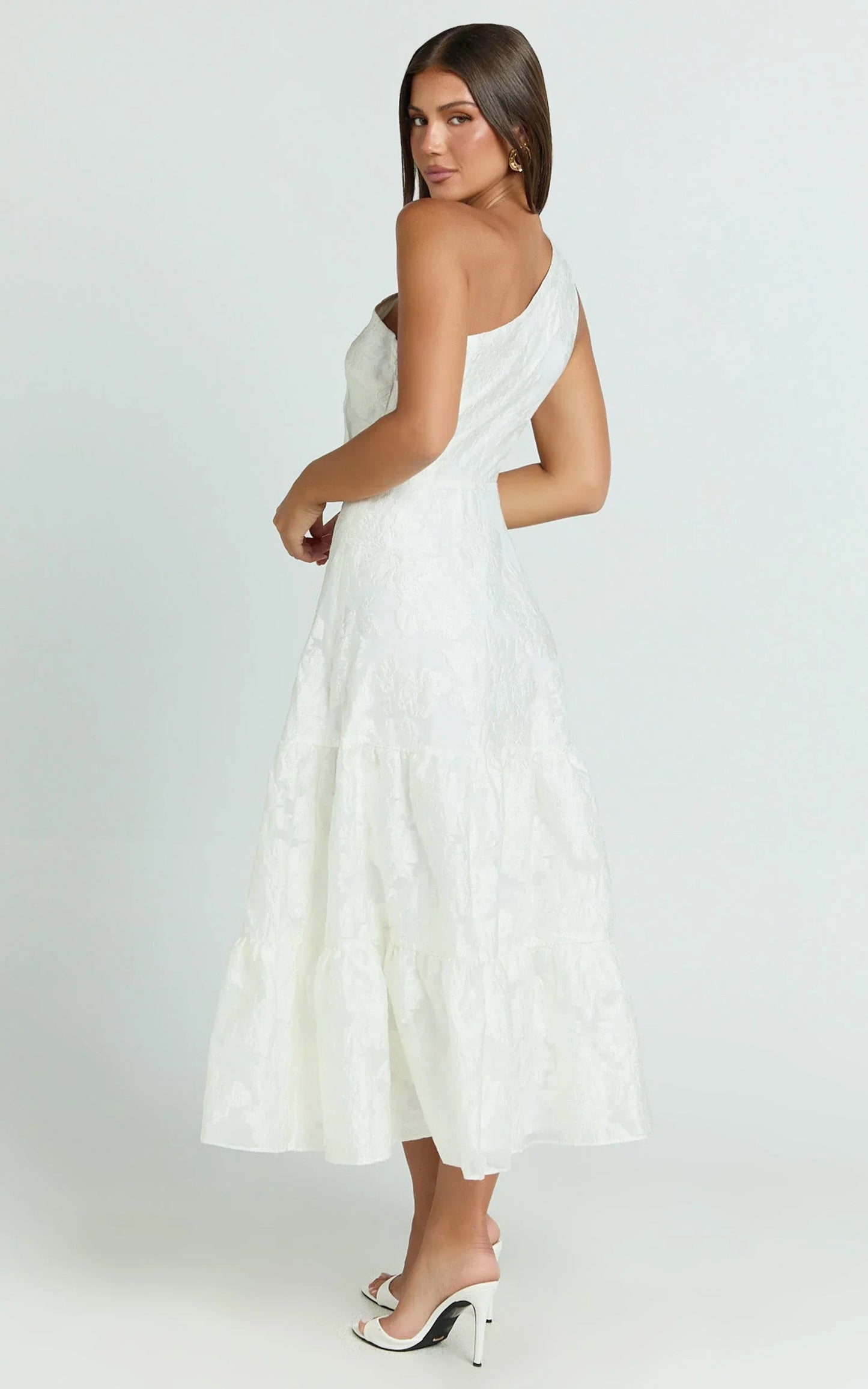 Nadette Midi Dress - One Shoulder Pleated Tiered Dress in White