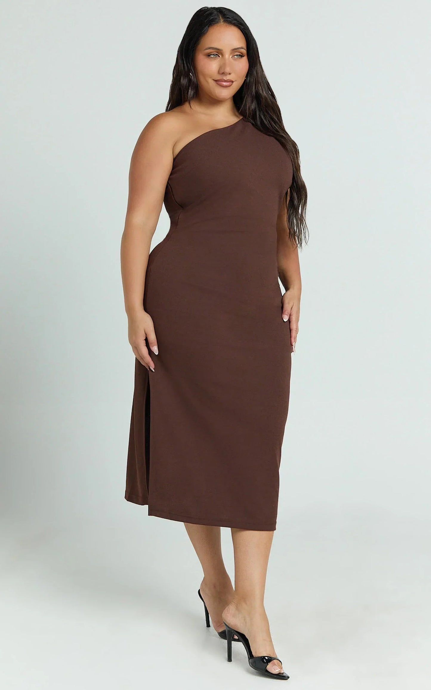Monette Midi Dress - One Shoulder Straight Dress in Chocolate