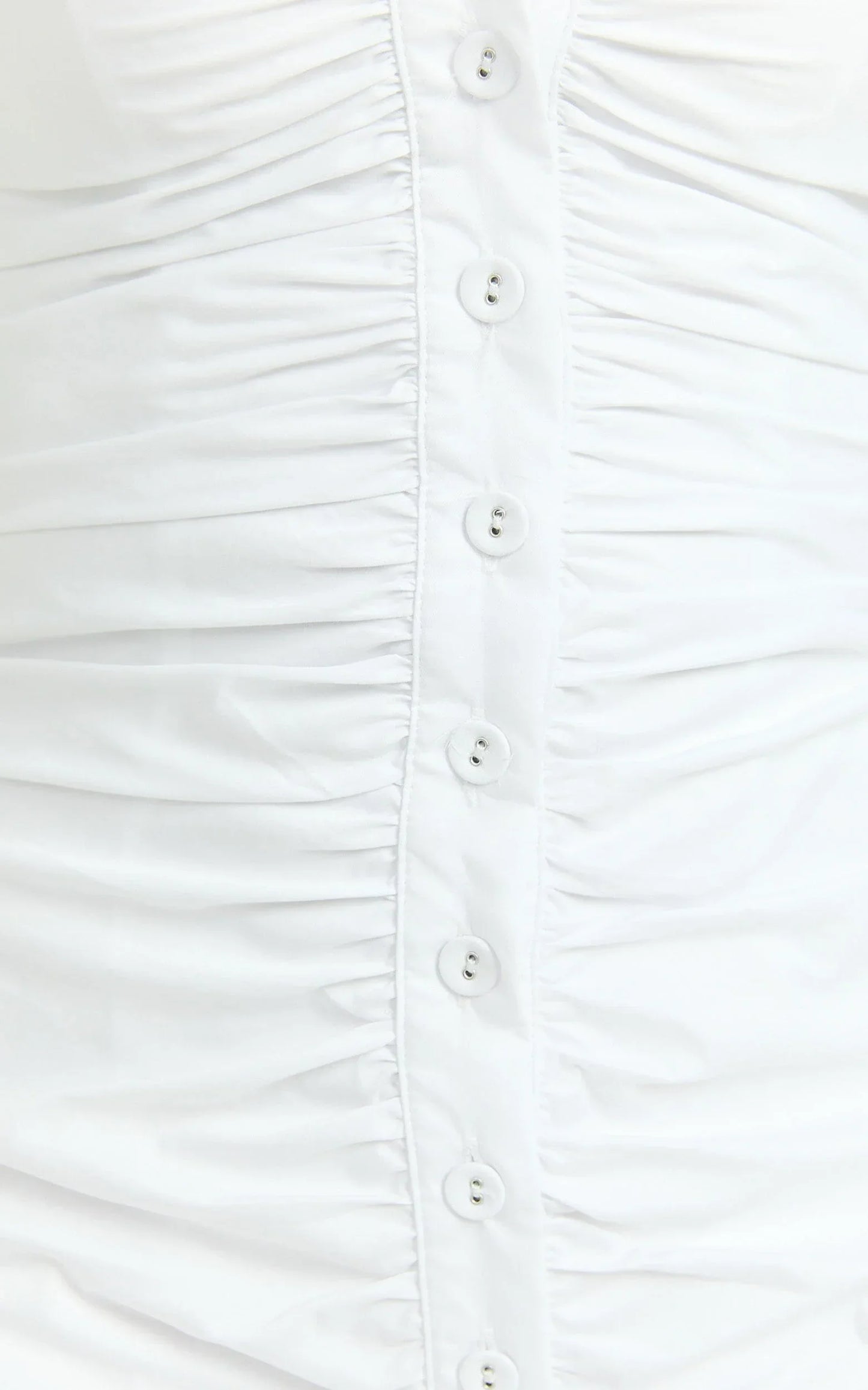 Mya Mini Dress - Scoop Neck Ruched Button Front Puff Sleeve Dress in White