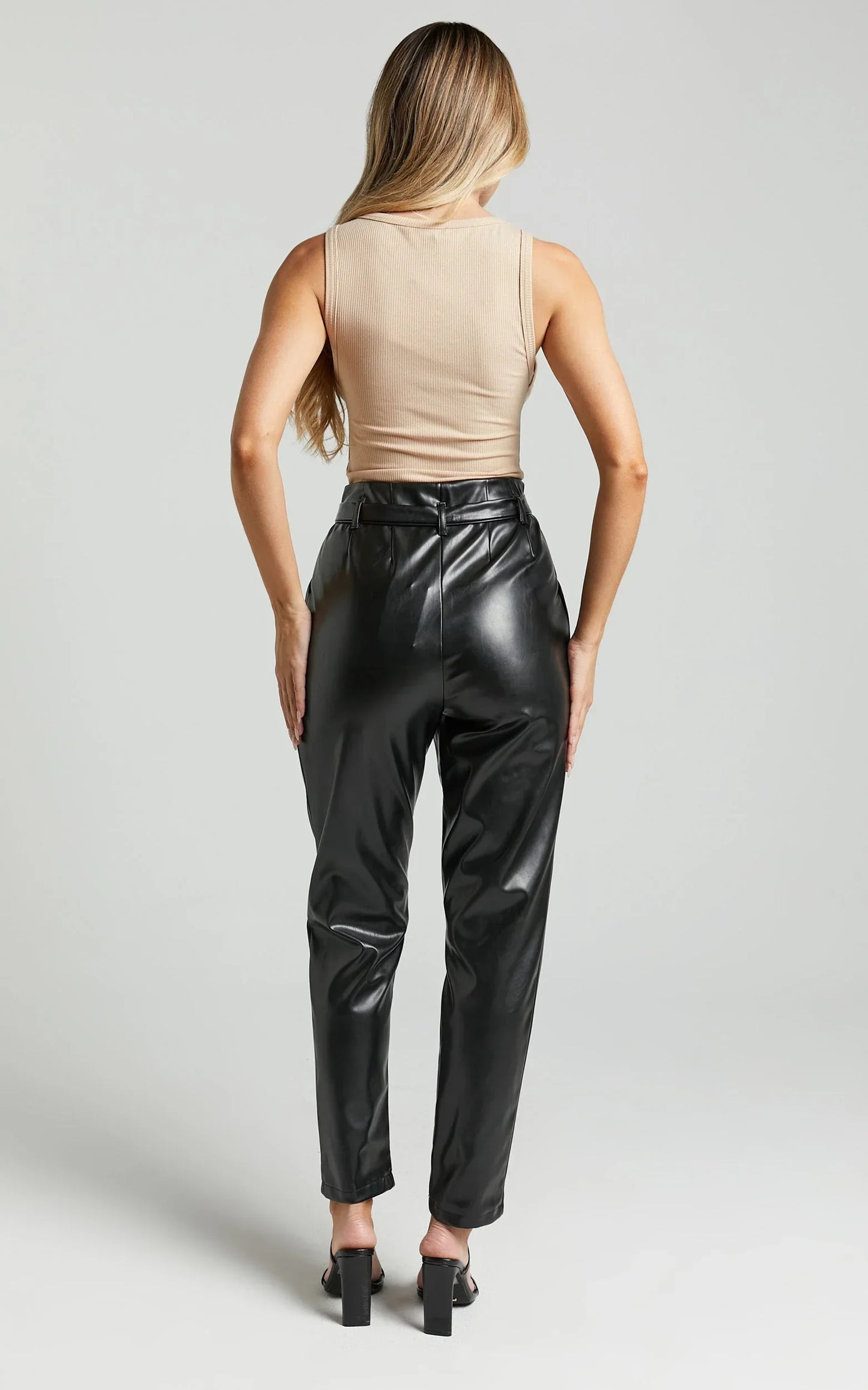 Layton Pants - Paper Bag Waist Faux Leather Pants in Black