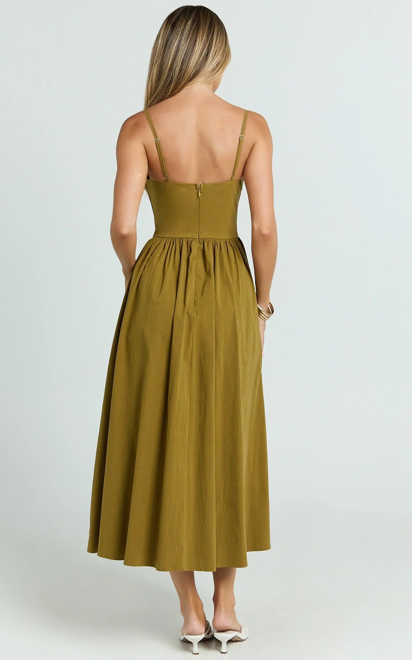 Maddie Midi Dress - Sweetheart Fit And Flare Gathered Dress in Khaki