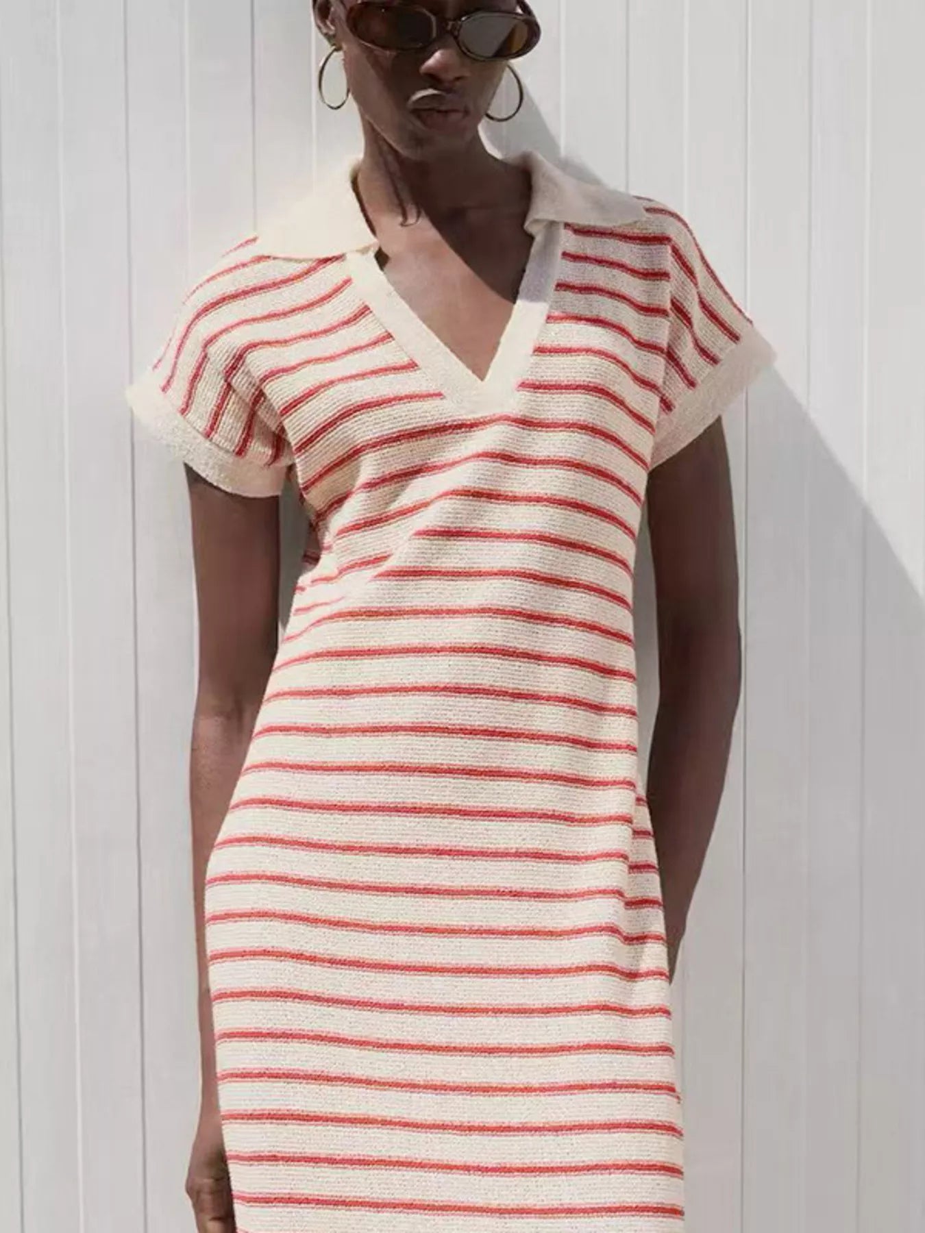 Striped Slit Short Sleeve Maxi Dress