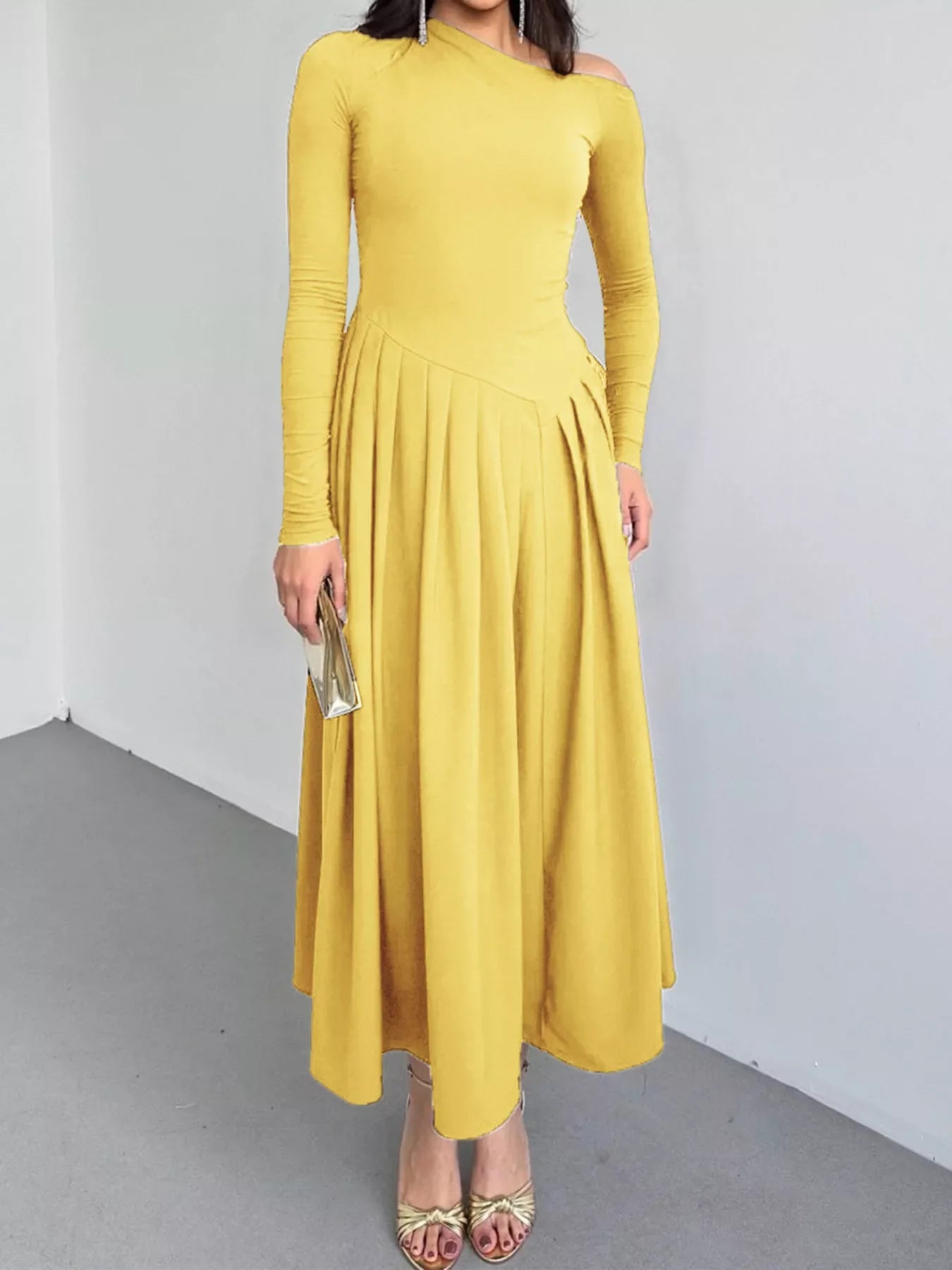 Ruched One Shoulder Long Sleeve Dress