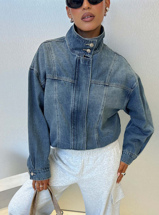 Alfea Funnel Neck Denim Bomber Jacket Mid Blue Wash