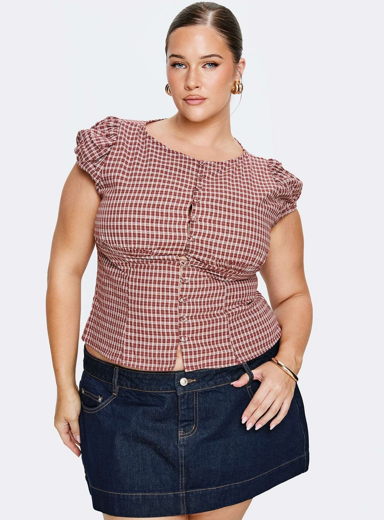 Alixandra Puff Sleeve Blouse Top Red Check Curve