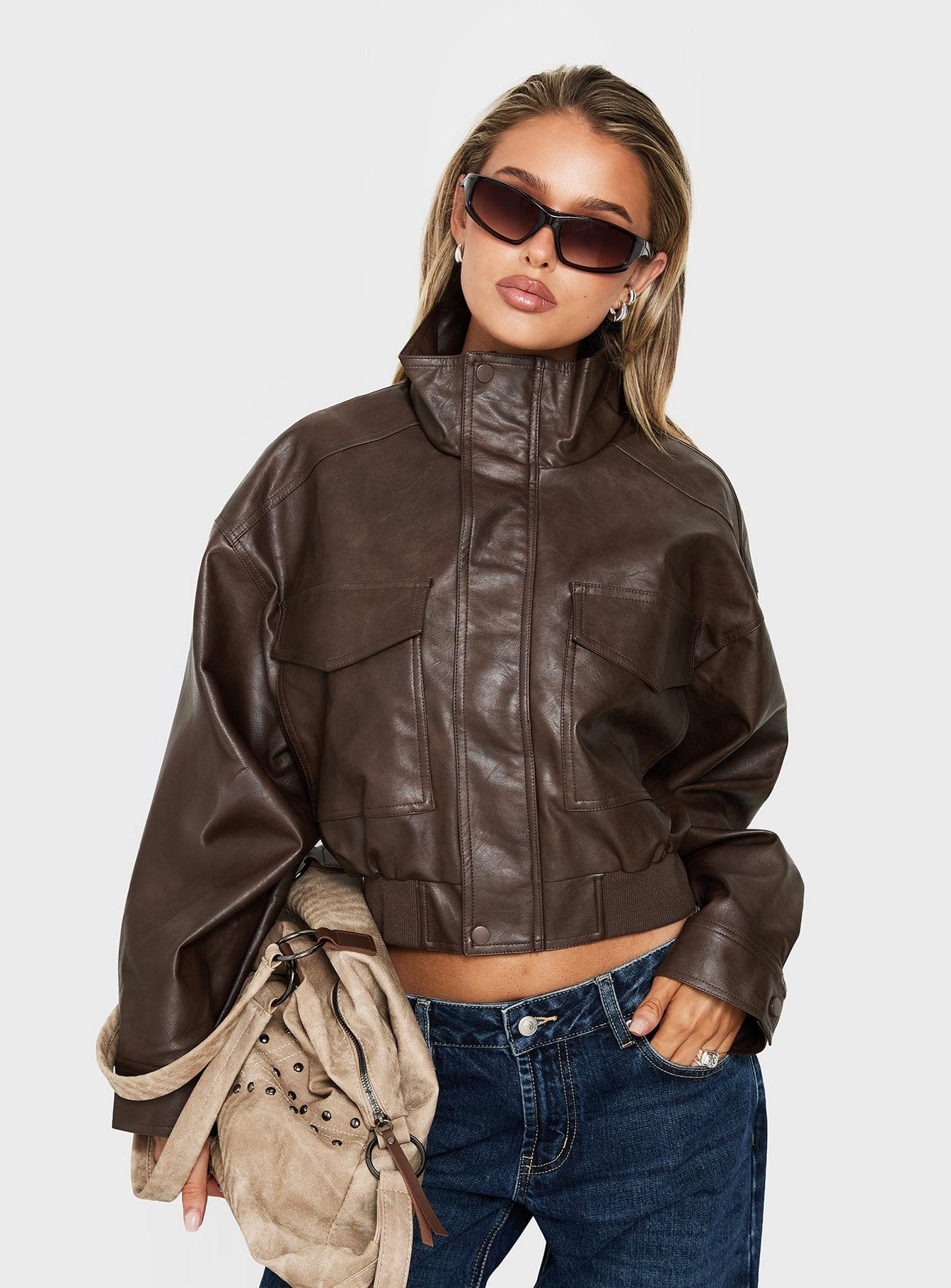 Ace Player Funnel Neck Faux Leather Jacket Brown