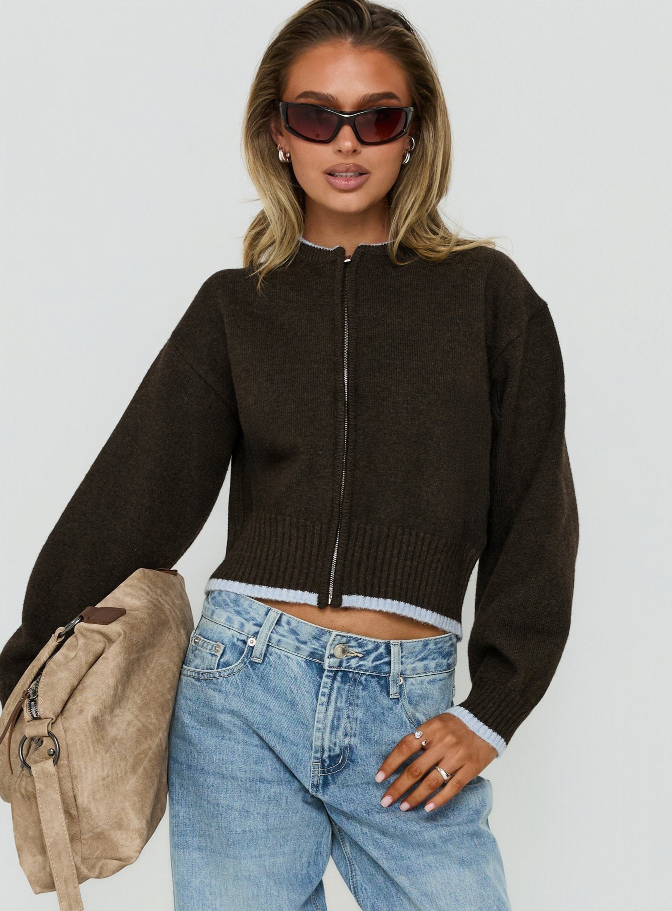 Amandi Zip Through Knit Jumper Chocolate / Blue
