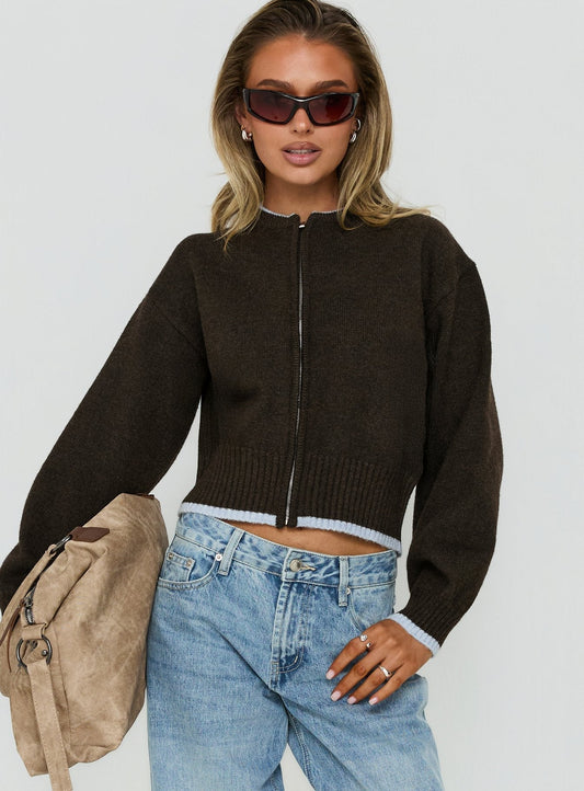 Amandi Zip Through Knit Jumper Chocolate / Blue