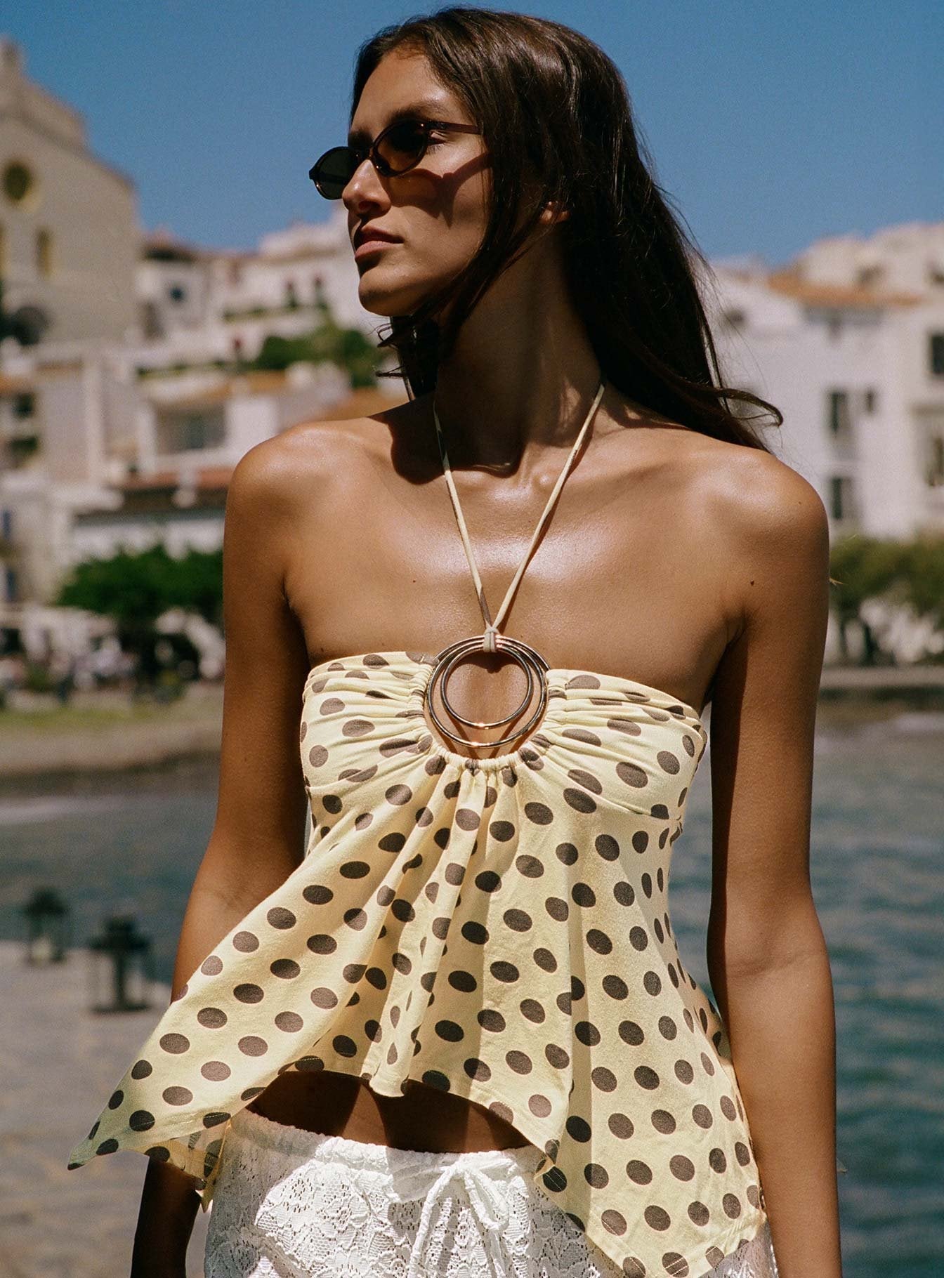 Betsey Ring Detail Tie Neck Top Yellow Polka Dot