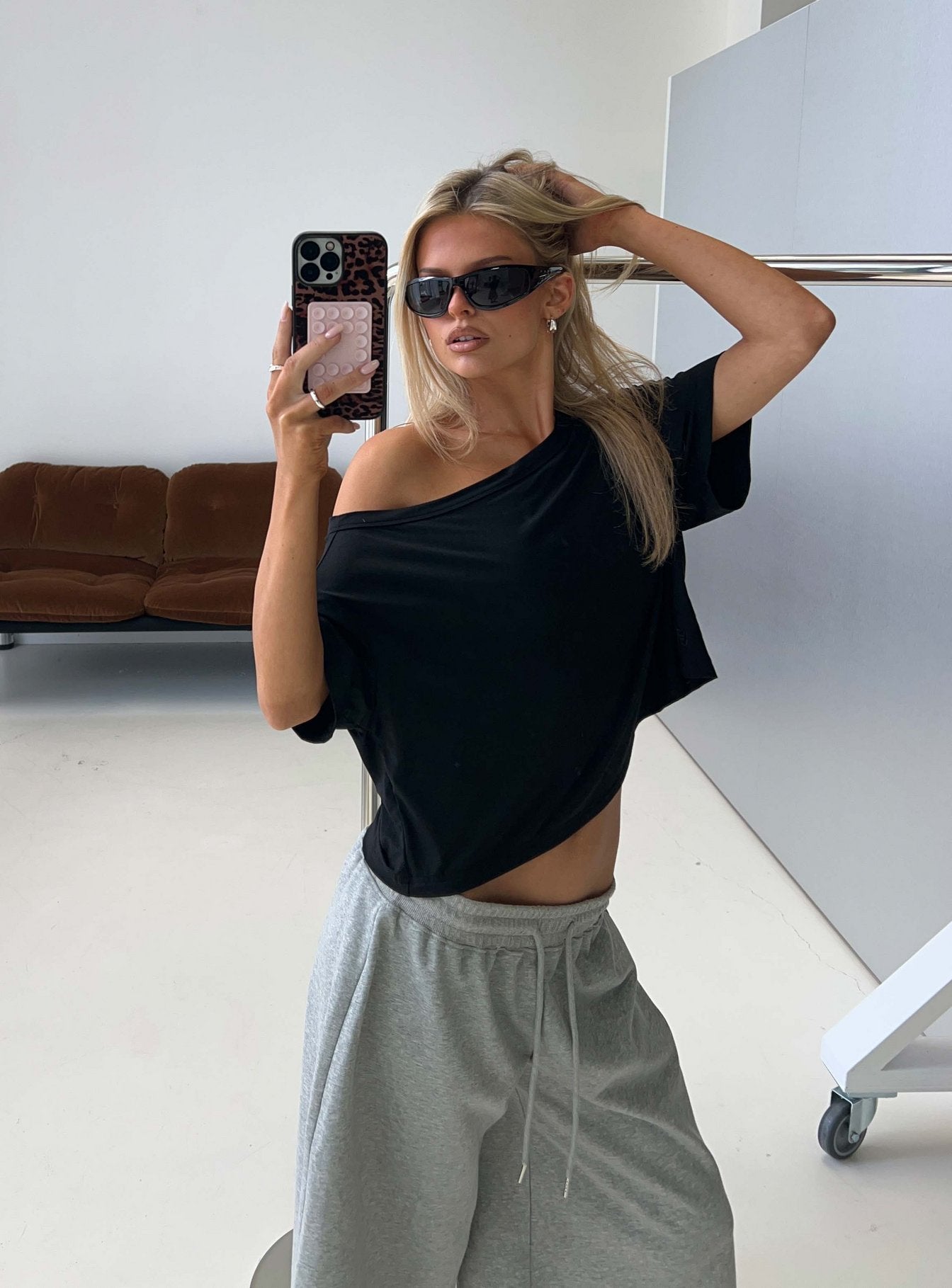 Bailea Off Shoulder Cropped Tee Black