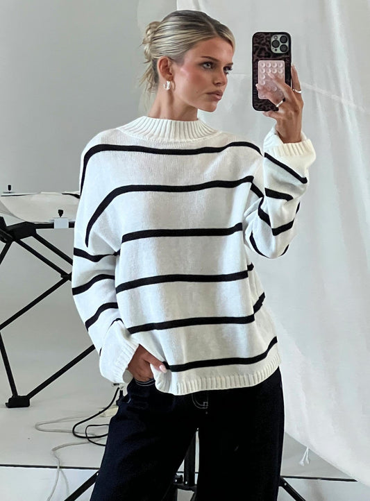 Alara Mock Neck Knit Sweater White Stripe
