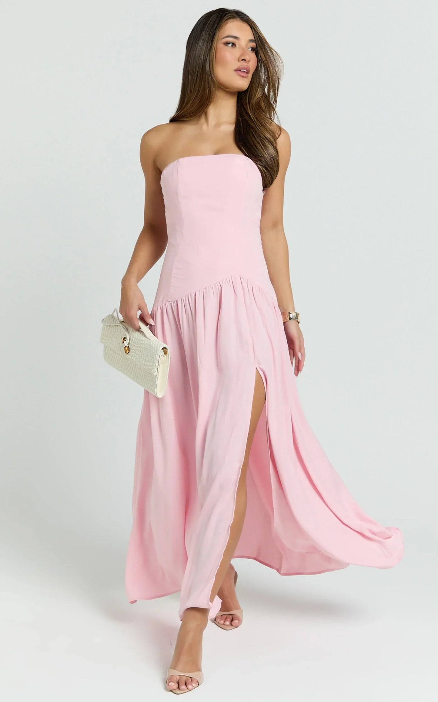 Nadiane Maxi Dress - Strapless Asymmetric Drop Waist Dress in Pink