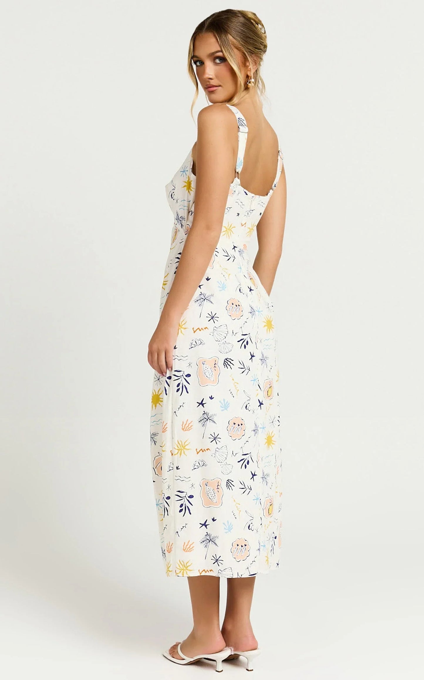 Nicola Midi Linen Blend Dress - Strappy Front Twist Cut Out Column Dress in Soleil Print