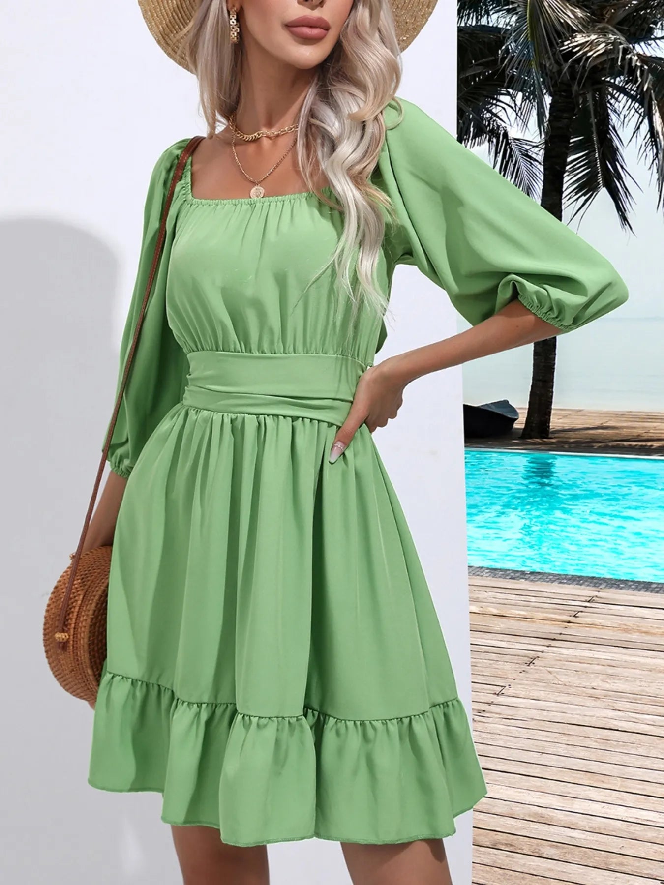 Tie Back Ruffled Hem Square Neck Dress