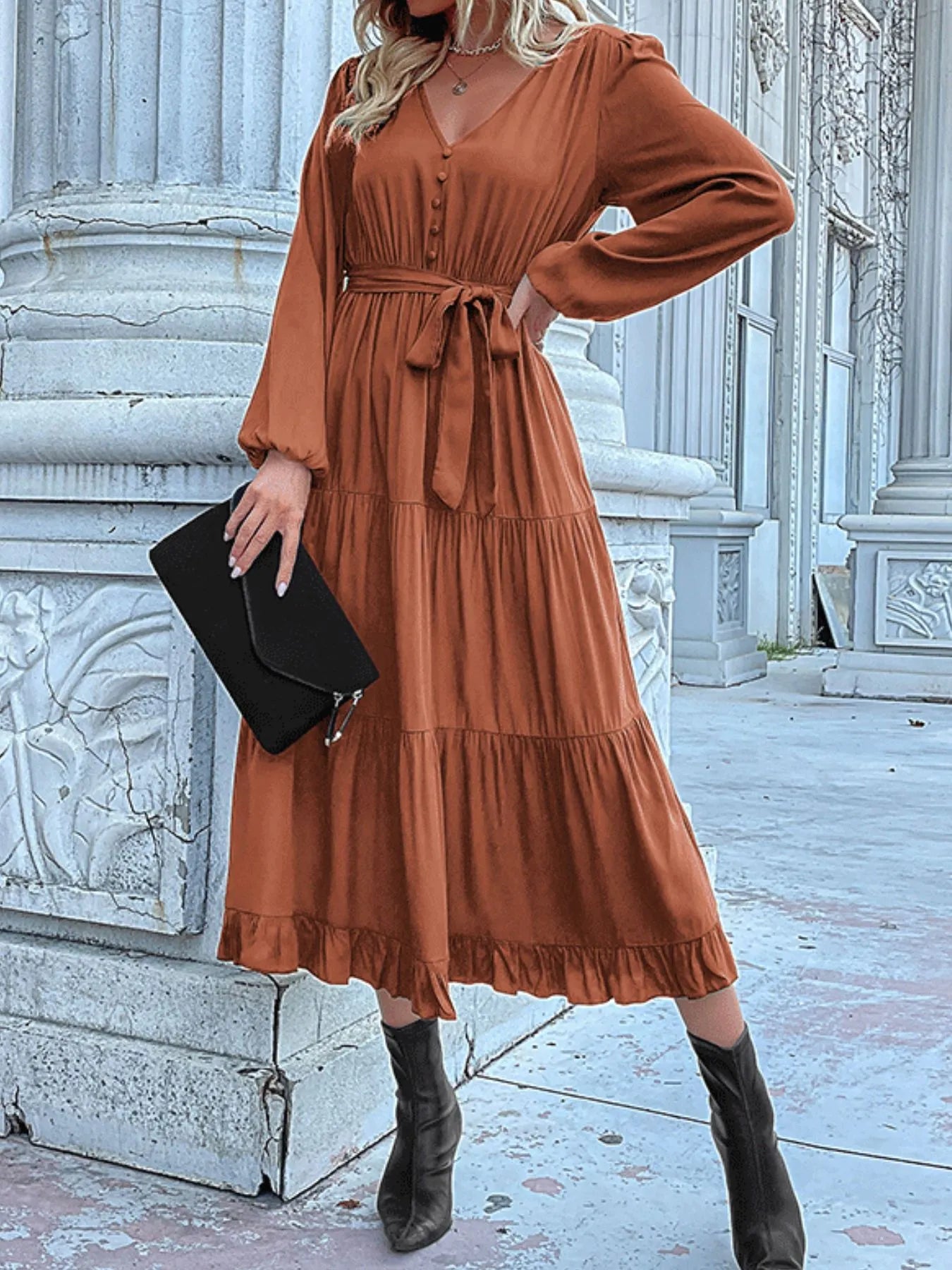 Ruffled Hem V-Neck Balloon Sleeve Dress