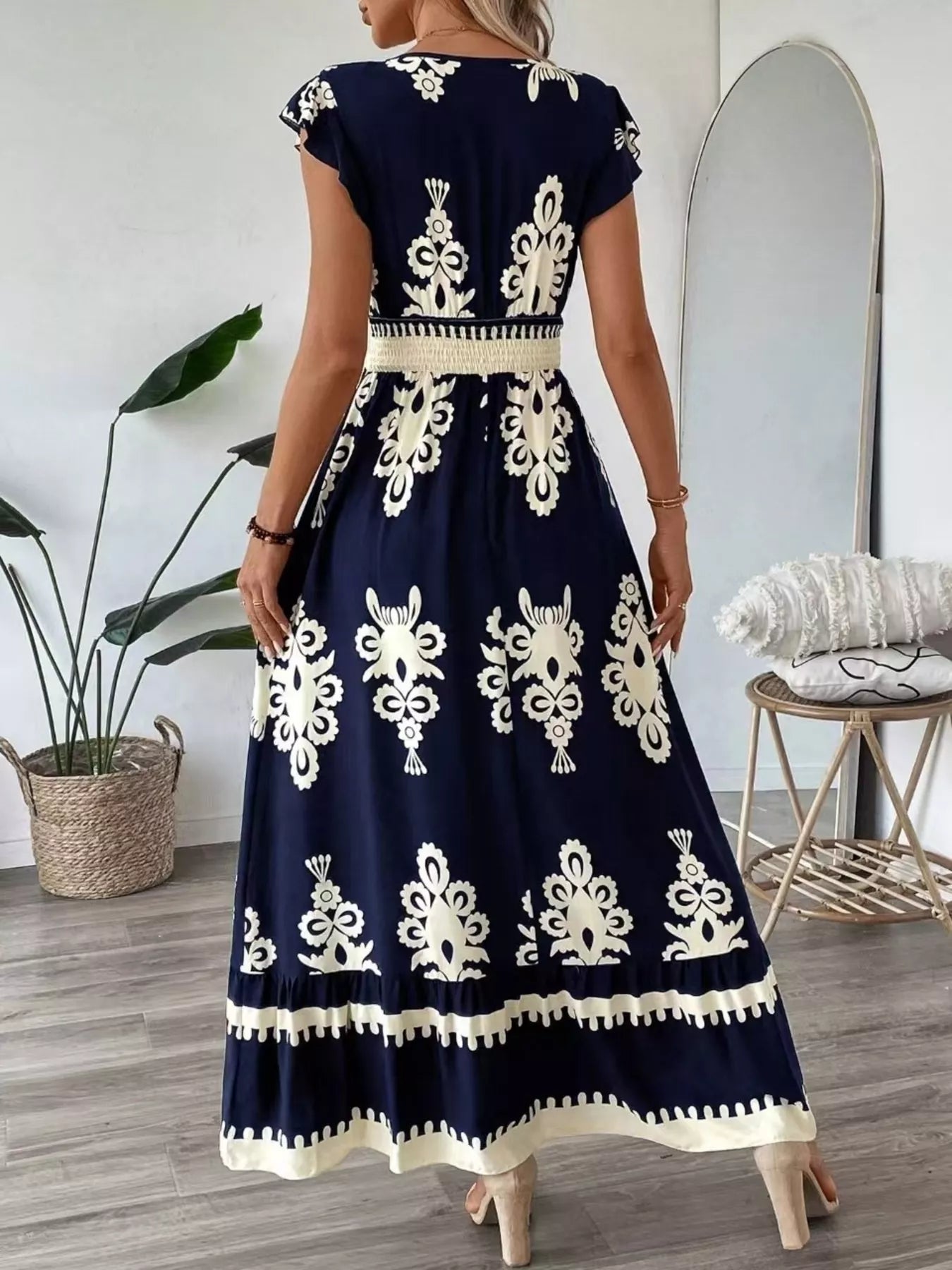 Printed V-Neck Ruffled Cap Sleeve Dress