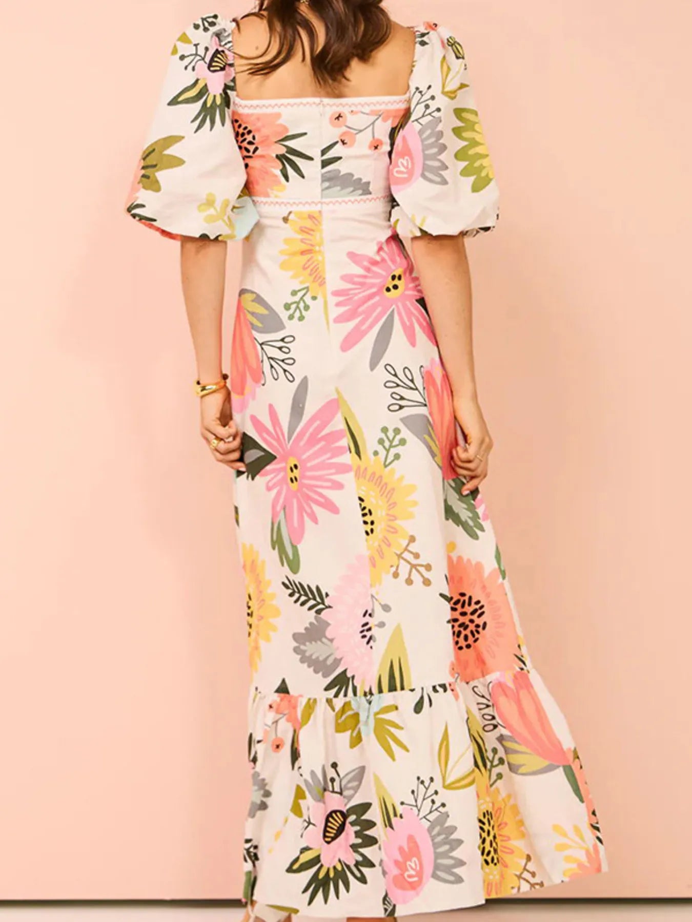 Floral Square Neck Puff Sleeve Maxi Dress with Ruffle Hem