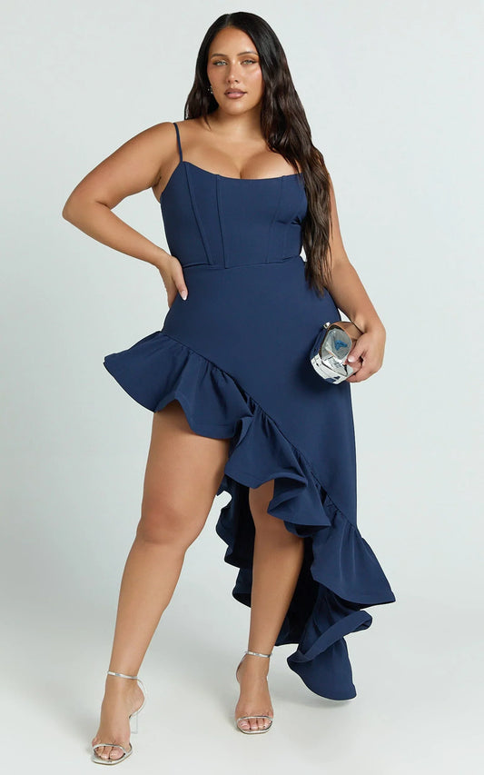 Maura Maxi Dress - Scoop Neckline Ruffle High Low Dress in Navy