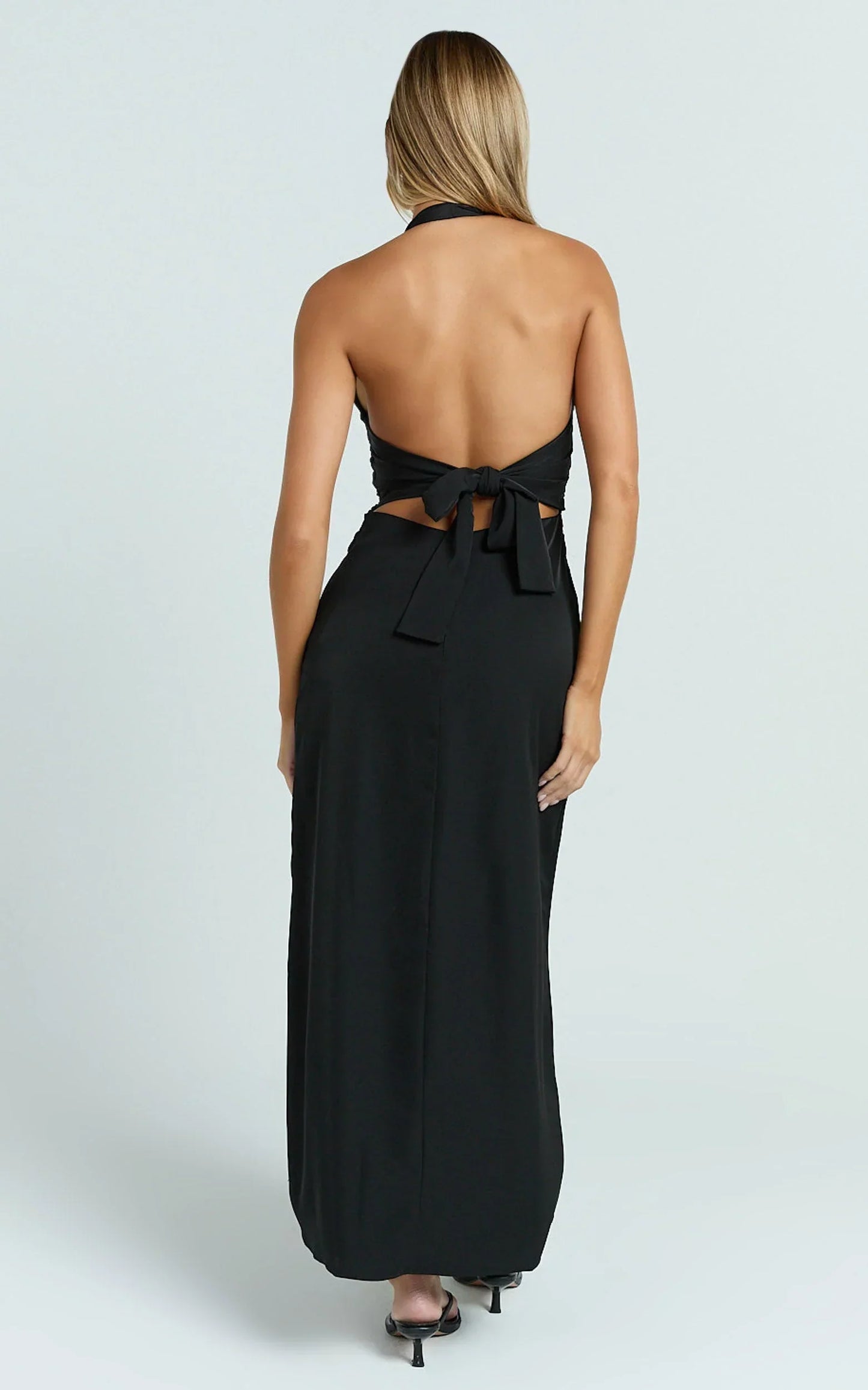 Lorvie Maxi Dress - Halter Plunge A Line Dress in Black