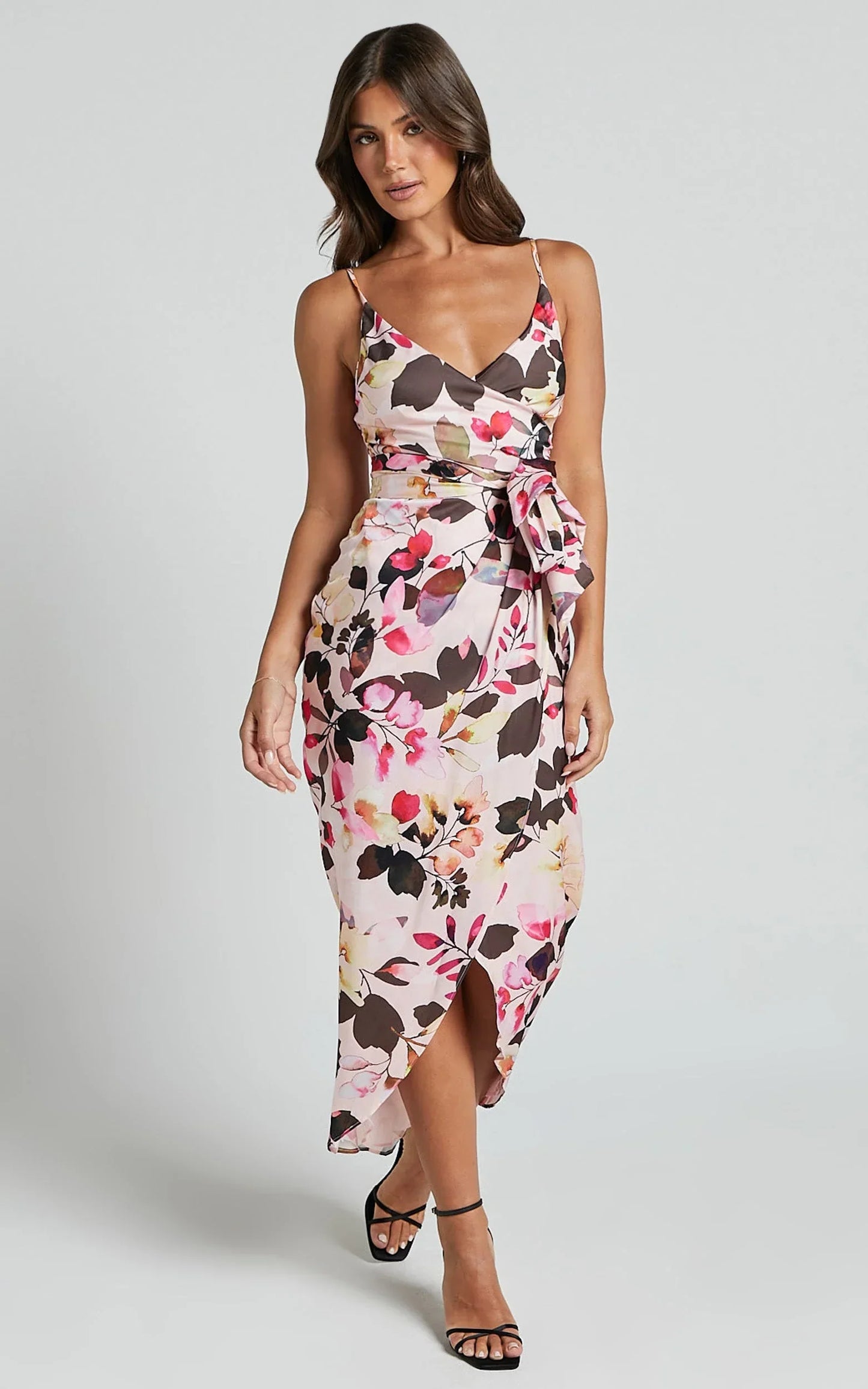 Maddison Midi Dress - Strappy Wrap Dress in Rosalind Print