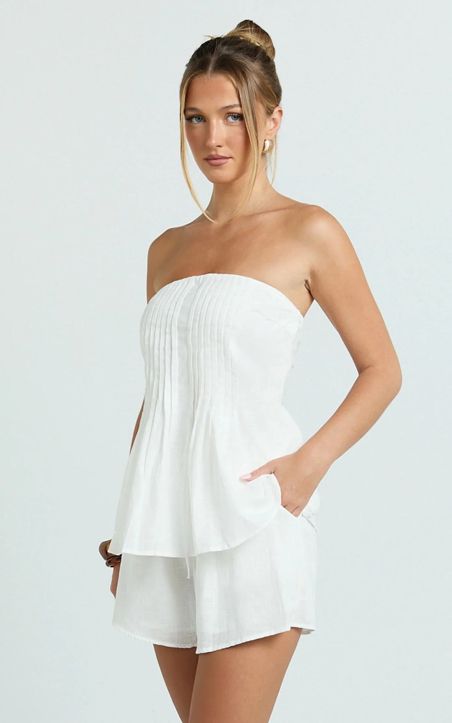 Mardie Two Piece Set - Pin Tuck Strapless Top and Short Set in White