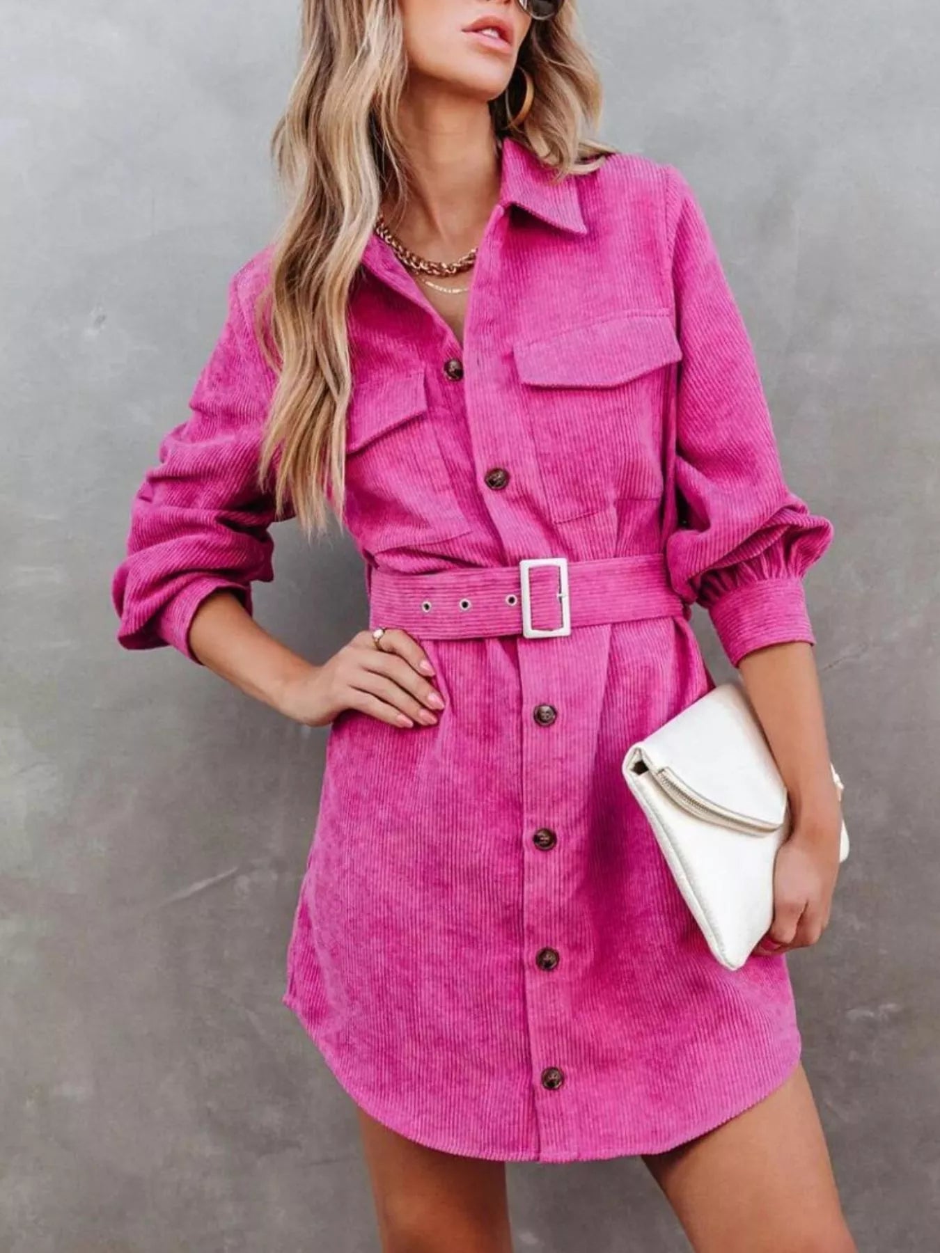 Button Front Belt Long Sleeve Corduroy Dress