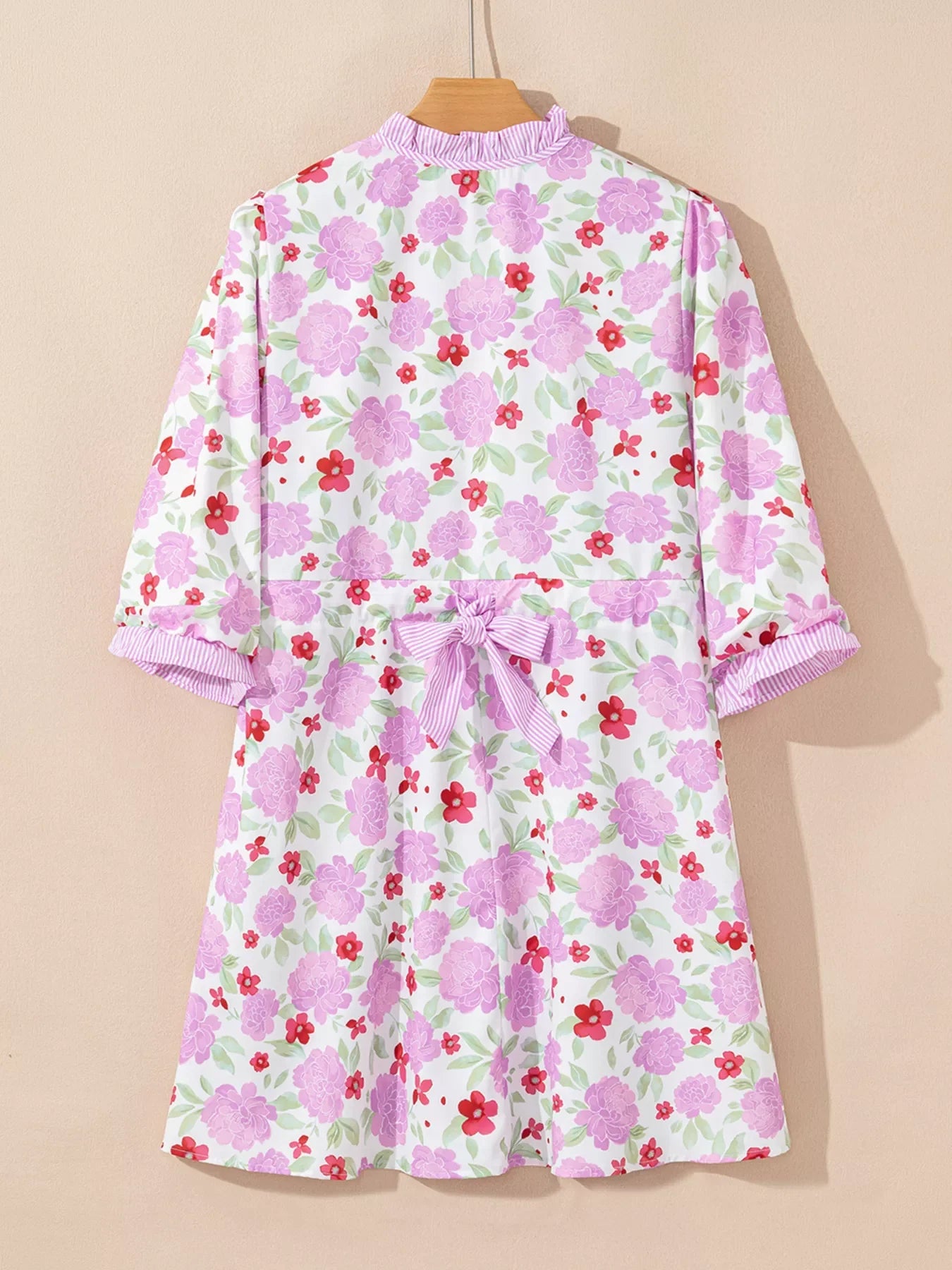 Floral Print Striped Trim Frilled Neck 3/4 Sleeve Flared Mini Dress