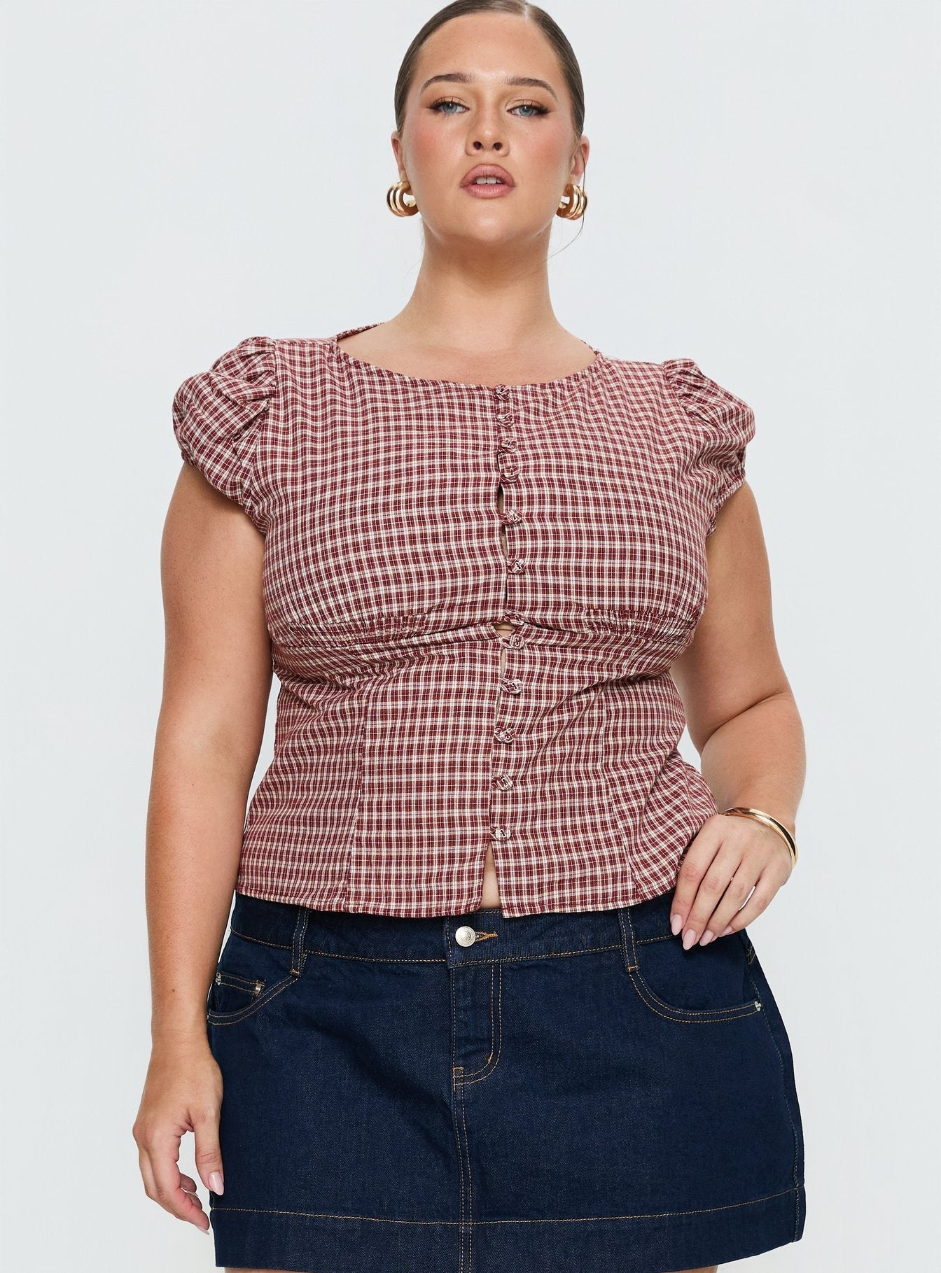 Alixandra Puff Sleeve Blouse Top Red Check Curve