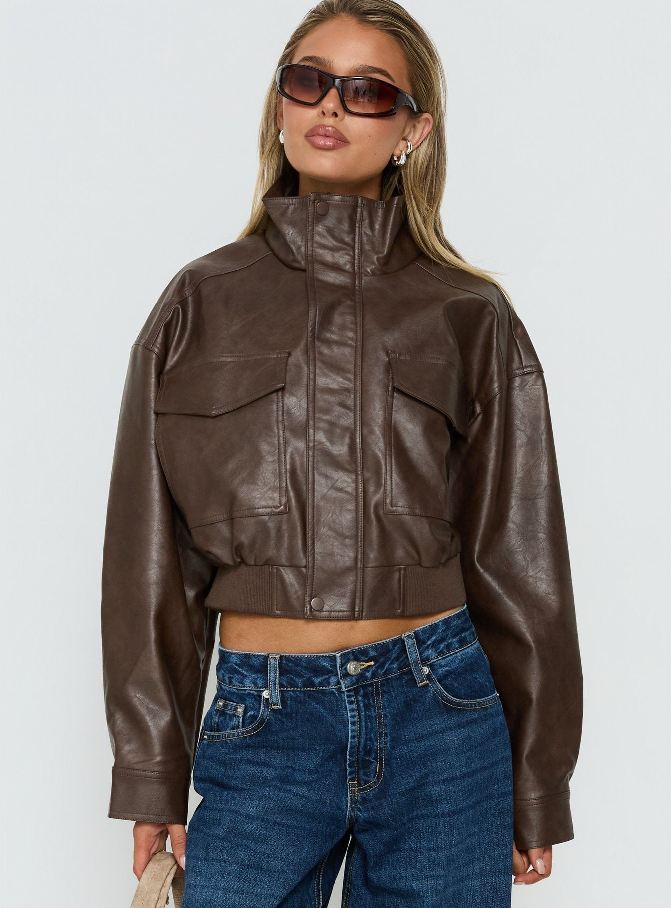 Ace Player Funnel Neck Faux Leather Jacket Brown